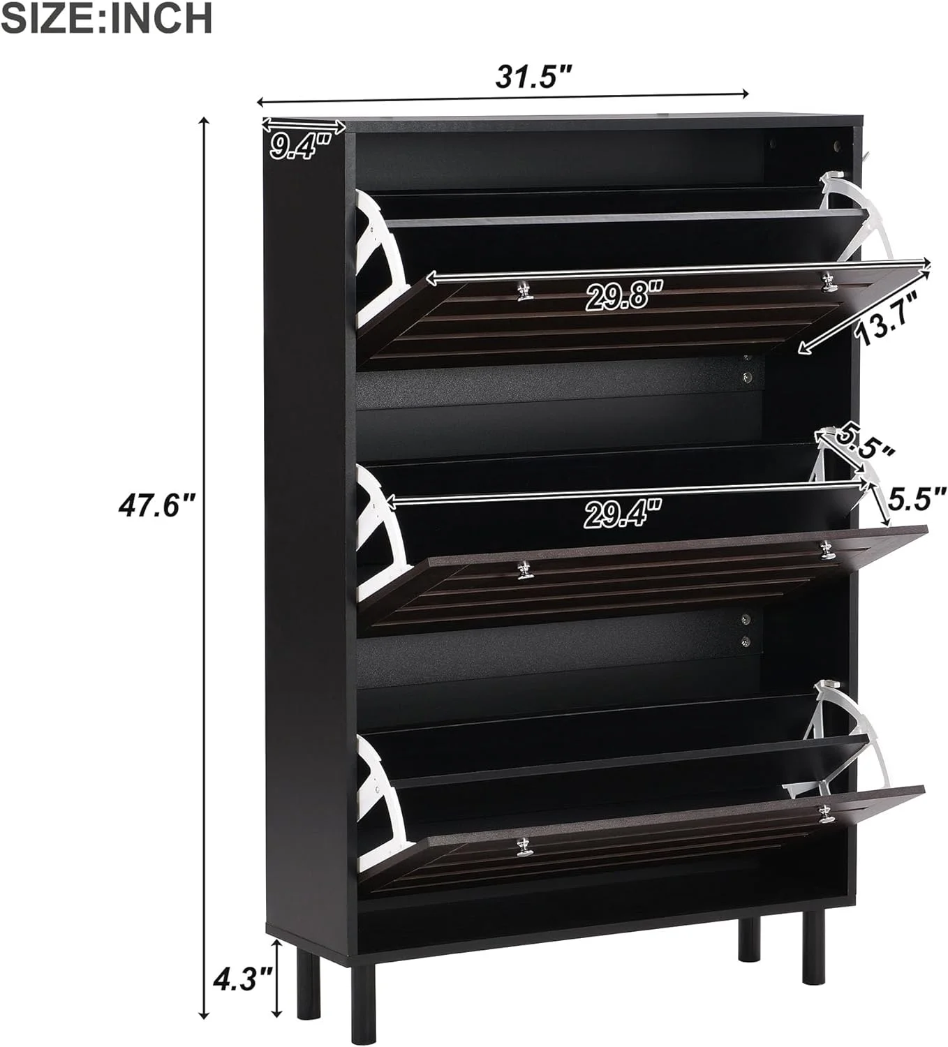 Minimalist Slim Shoe Storage Cabinet with Hanging Hooks, Slits Design Panels Entryway Organizer with 3 Flip Drawers, Free Standing Shoe Rack with Adjustable Panel for Hallway