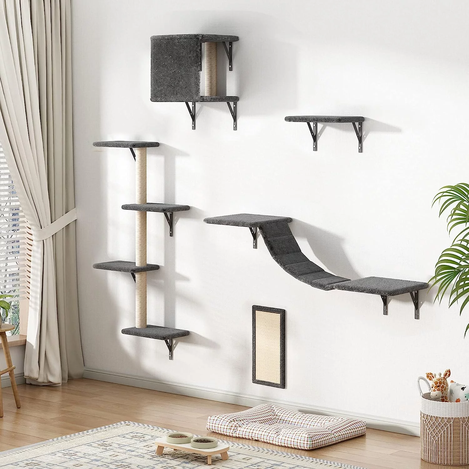 Vivifying  Cat Shelves Perches 5 Pcs Wall-Mounted Cat Climber Set, Wood Indoor Cat Furniture with Cat Shelves and Perches, Ladder, Cat Condo House, Scratching Board and Cat Tree (Gray)