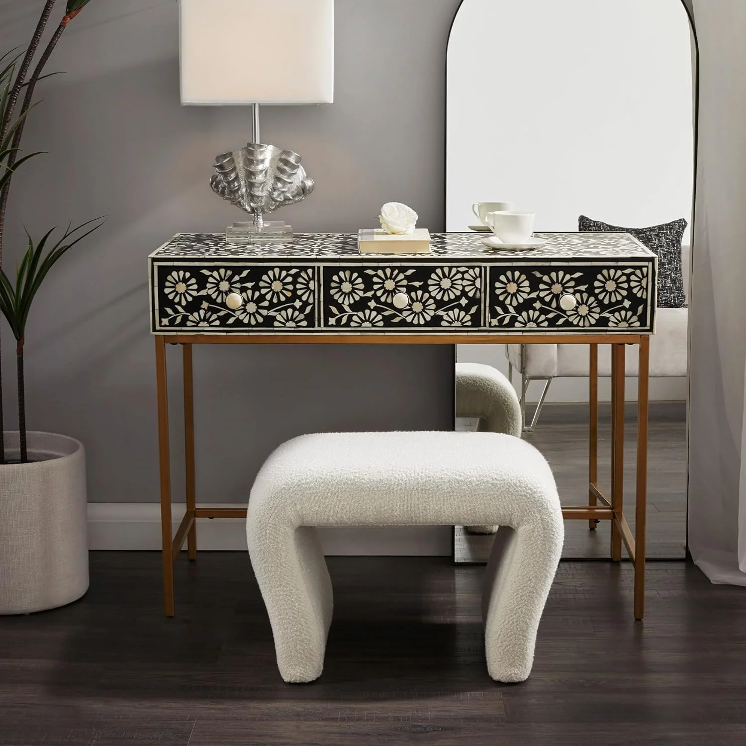 Vanity Stool Chair,Modern Boucle Ottoman Foot Stool with Wooden Legs Sofa Bench Footstool Extra Seat for Vanity,Makeup Room,Living Room,Entryway,Office (Fully Assembled)