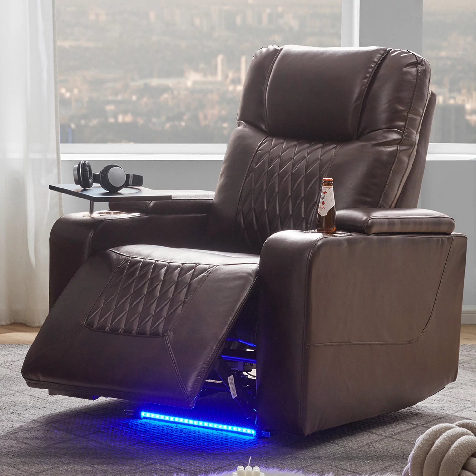 Power Motion Recliner with Cup Holders Ambient Lighting, USB Charge Port, 360 Swivel Tray Table, Hand in-Arm Storage, Gaming Recliner Chair