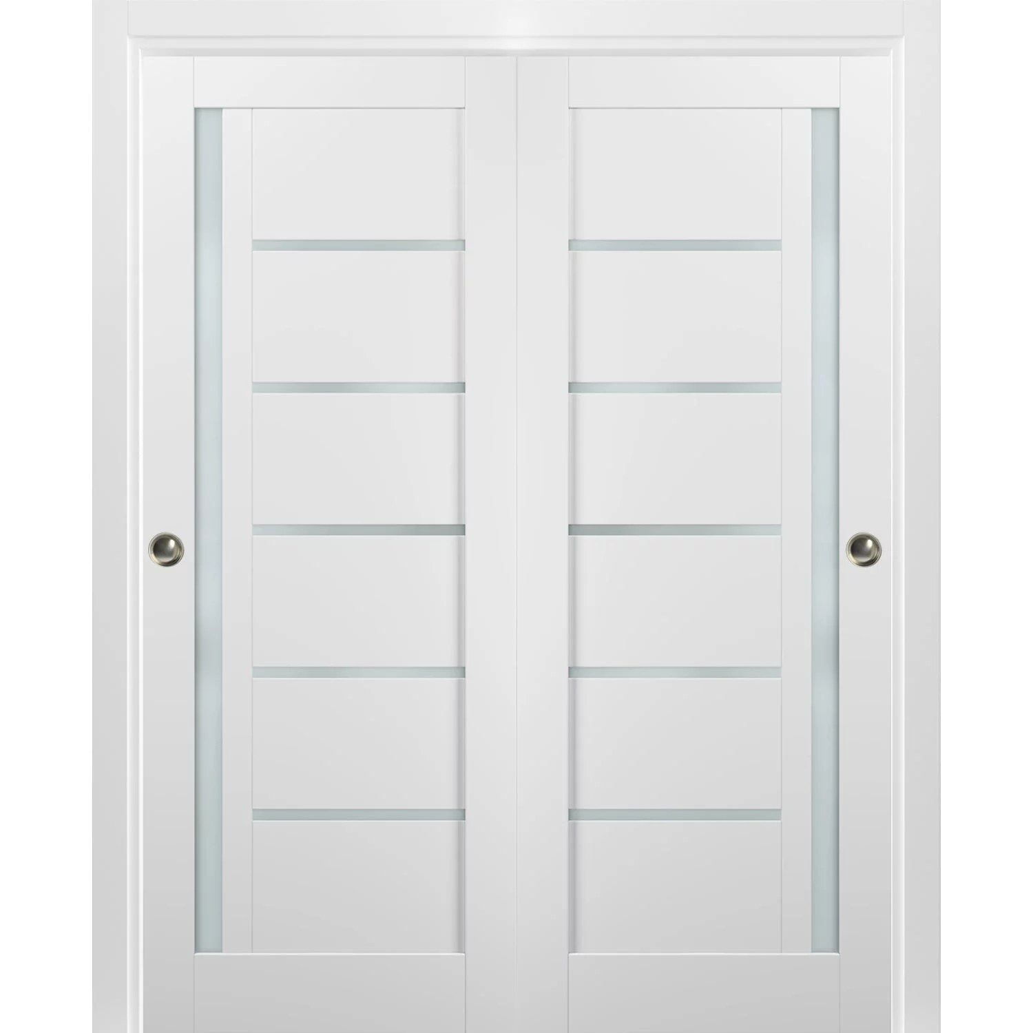 Sliding Closet Bypass Doors 60 x 96 with hardware | Quadro 4088 White Silk with Frosted Opaque Glass | Sturdy Top Mount Rails Moldings Trims Set | Kitchen Lite Wooden Solid Bedroom Wardrobe Doors