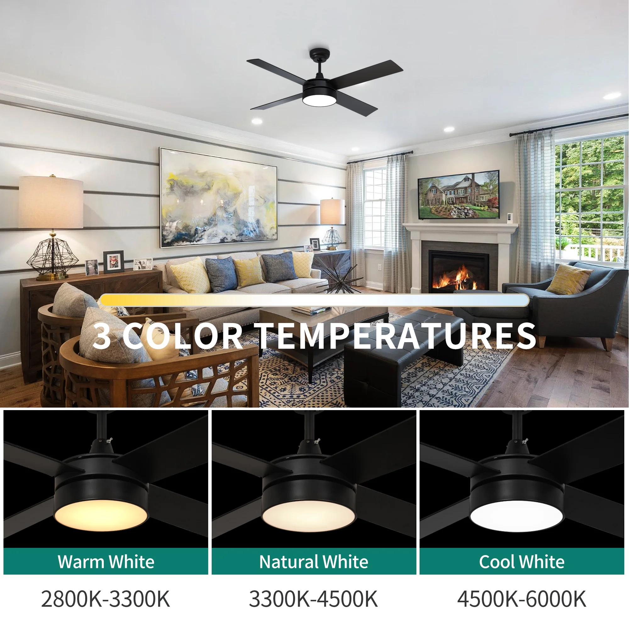 Dextrus 48in Black Ceiling Fans with Light and Remote, Dimmable Fanlight for Indoor Outdoor, Light Fan with Stepless Color Temperature, Memory Function, Night Light Mode,4 Blades