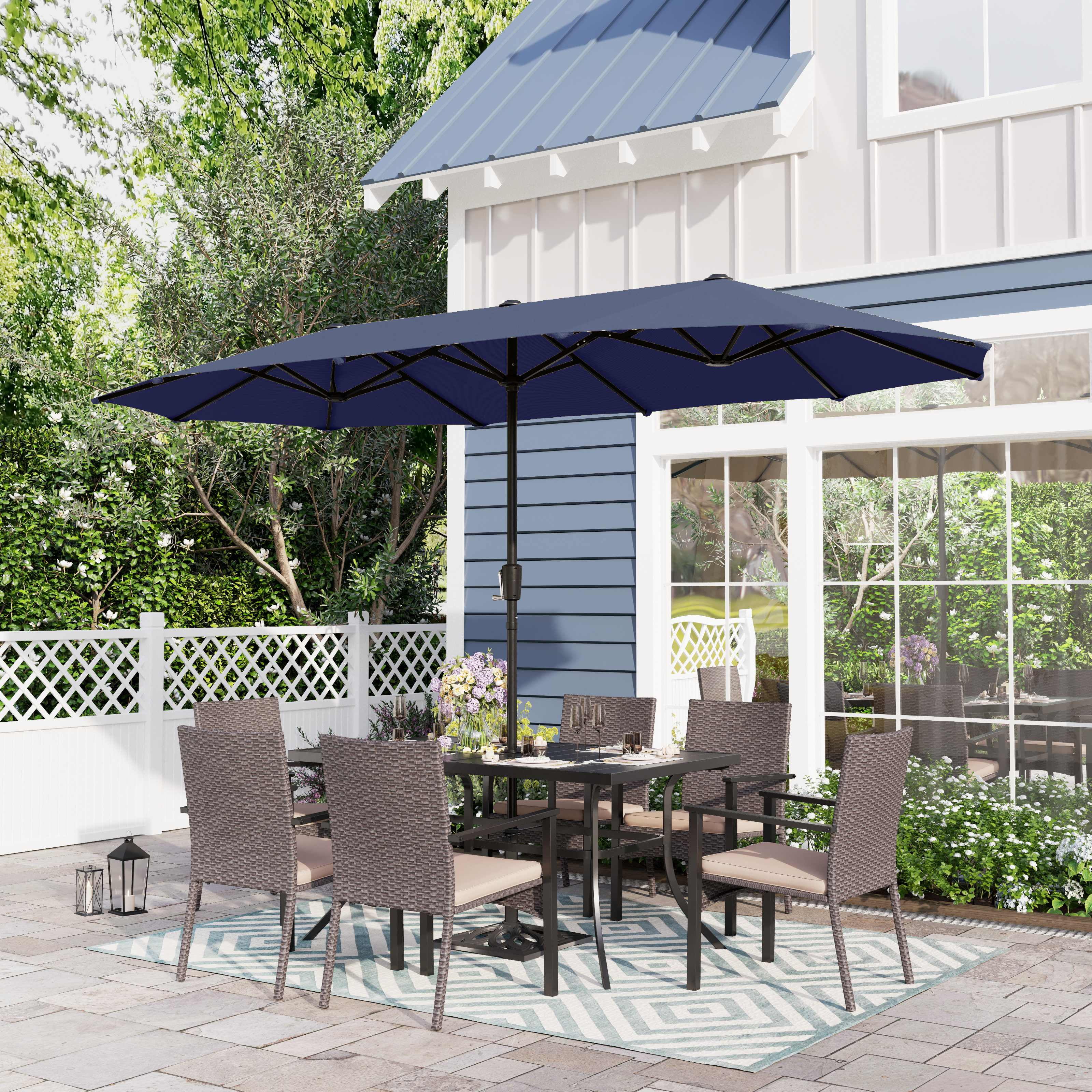 Sophia & William 8-Piece Outdoor Patio Set with 13 ft Umbrella, Rattan Chairs & Rectangle Table for 6, Navy Umbrella