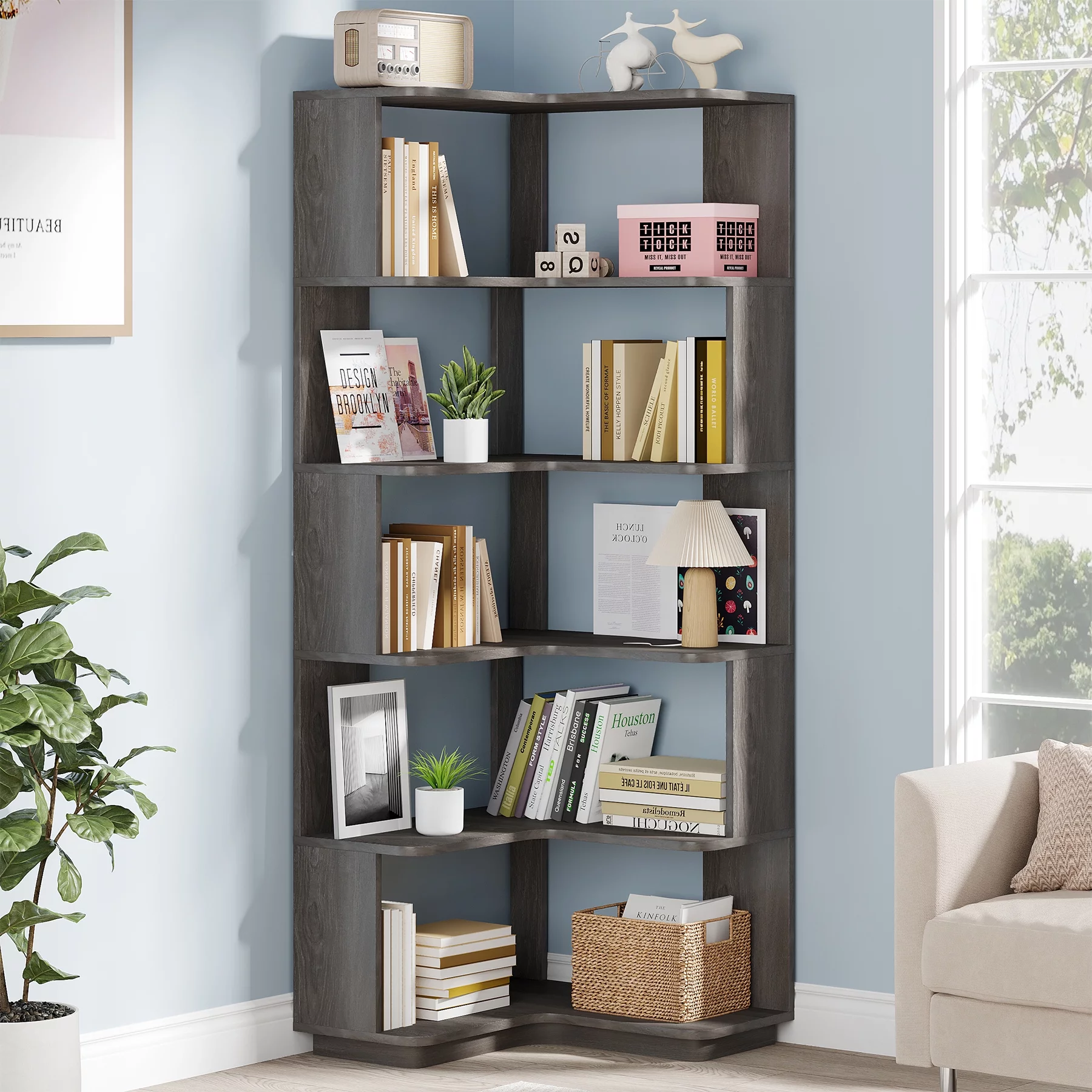 Tribesigns 6-Tier Corner Bookshelf, 65 in. Wood Bookcase with Anti-drop Panel, Corner Storage Organizer Display Shelf for Home Office