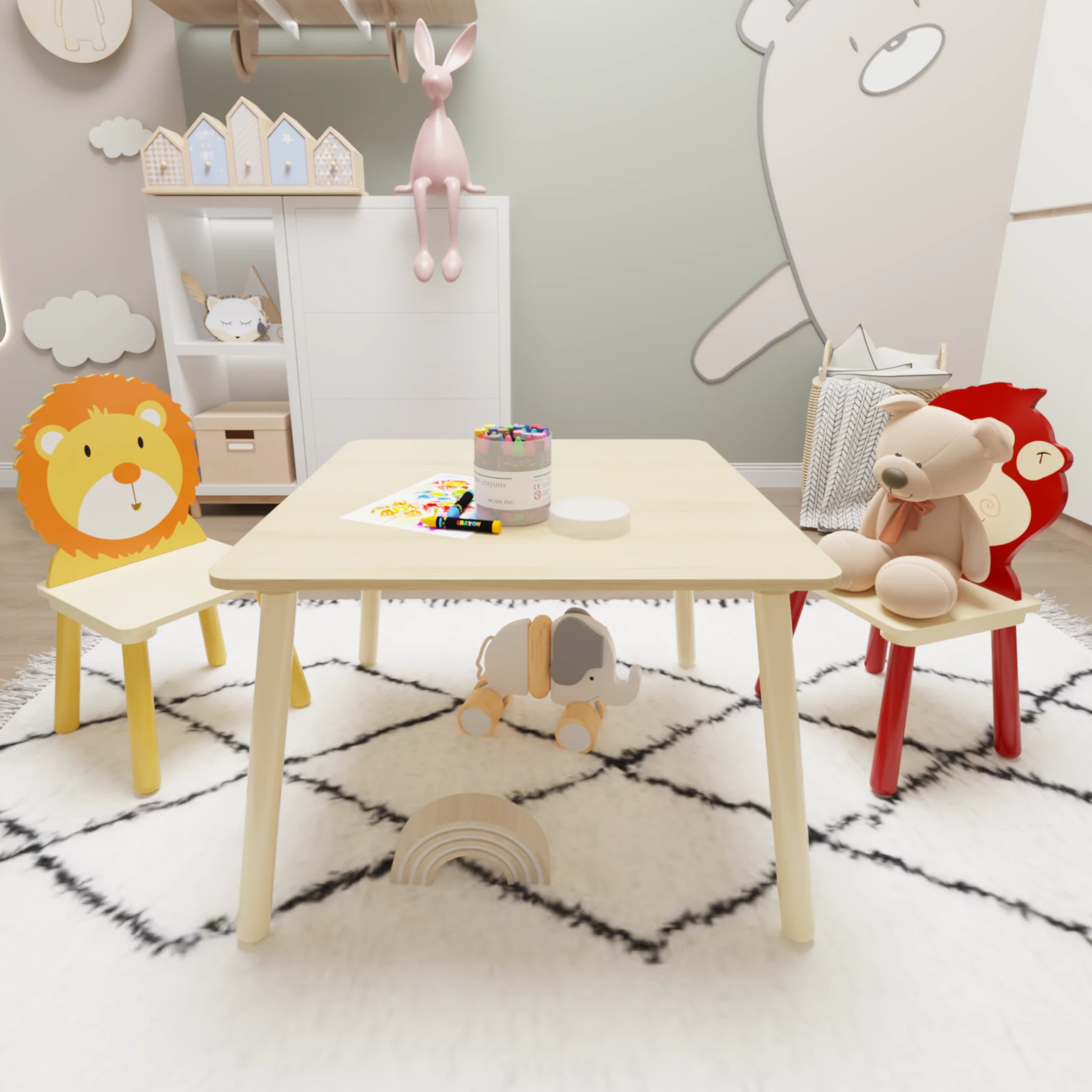 3 Pieces Cartoon Table Set for Kids, Seizeen Table & Chair Set 2-8 Age Boys and Girls, 2 Lion&Monkey Backrest Chairs Wood Table Kids' Room Furniture