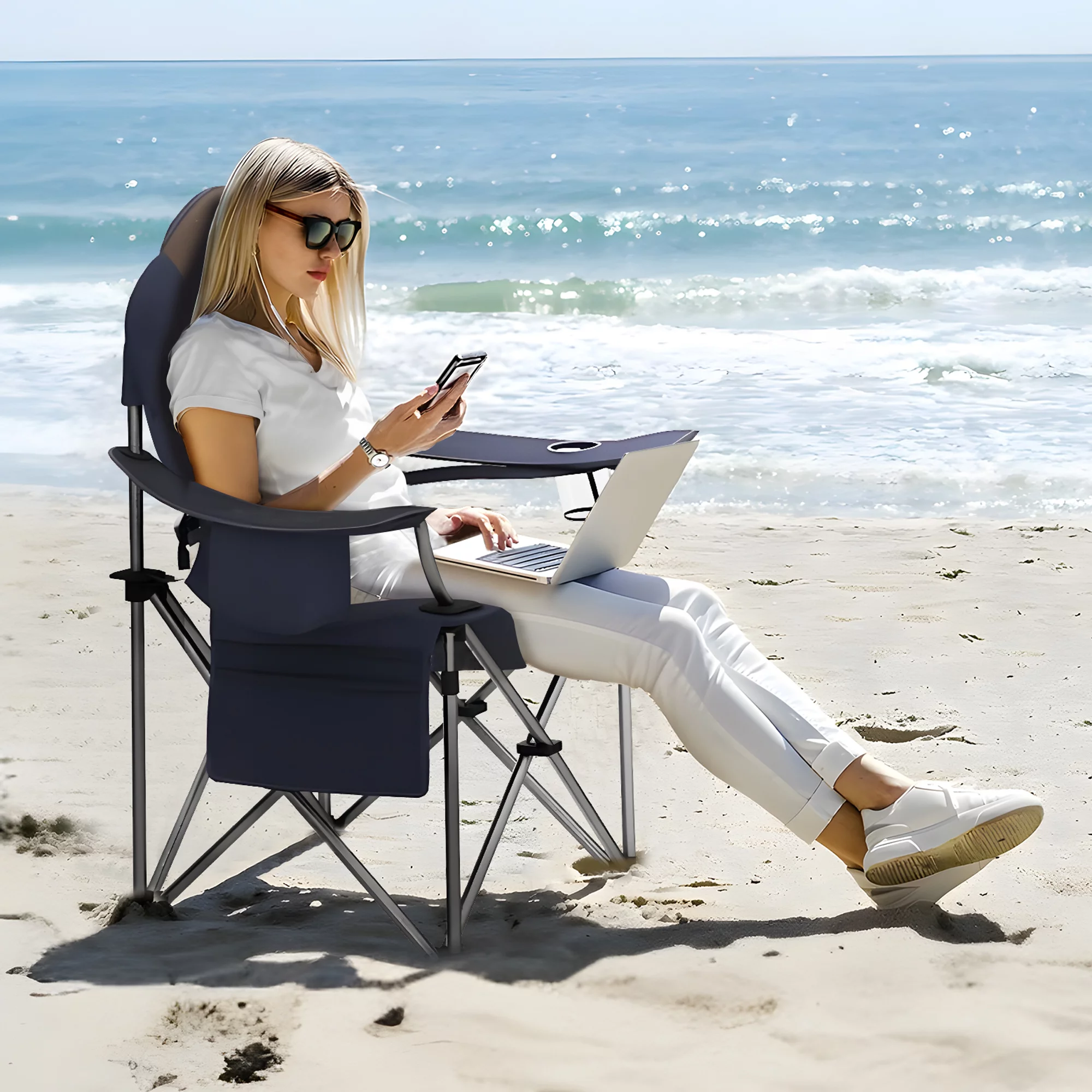 doubob Camping Chair Oversized Padded Folding Quad Arm Chairs with Lumbar Back Support, Cooler Bag, Cup Holder & Side Pocket, Extra Head Pocket Blue&Brown