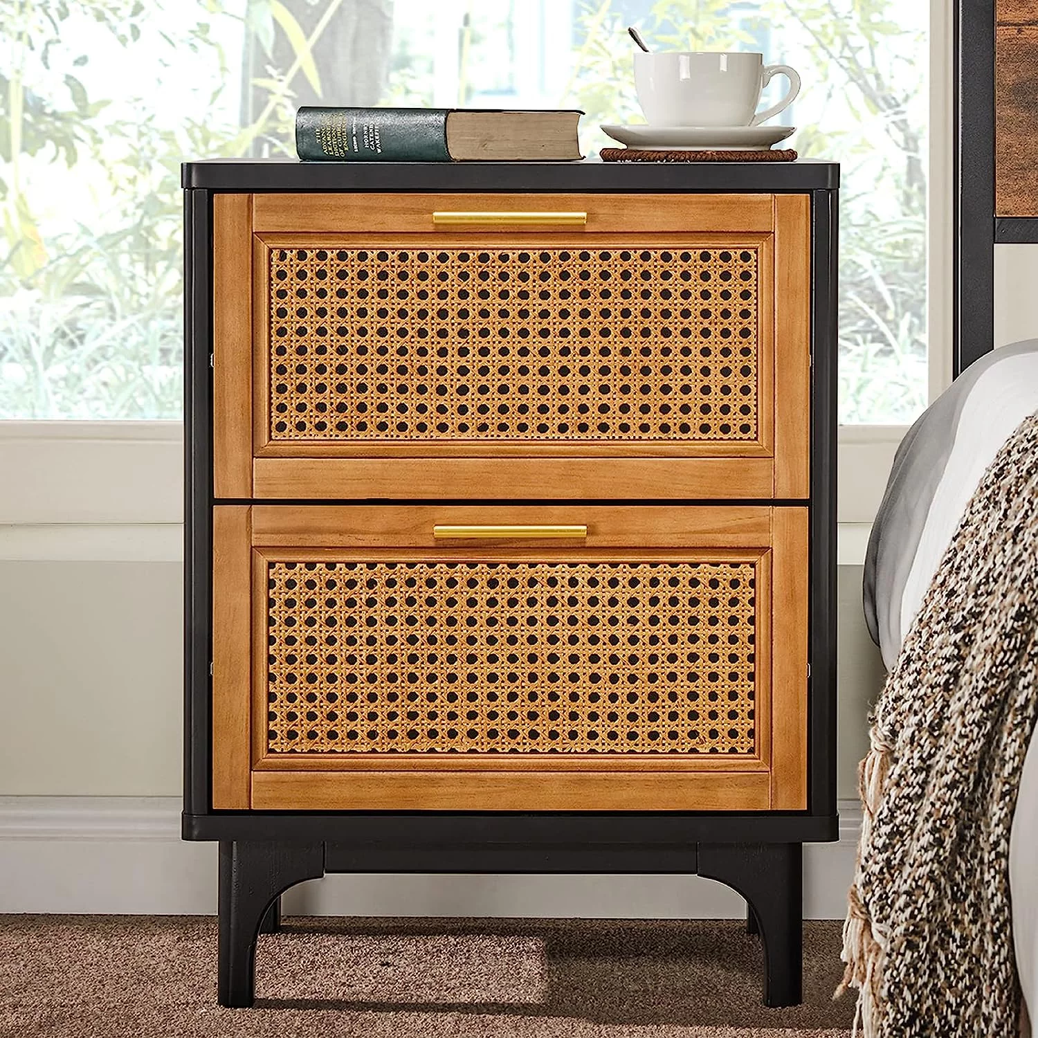 AMERLIFE Woven Natural Rattan Nightstand, Vintage Side Table with 2 Solid Wood Drawers Storage End Table, Boho Accent Bedside Tables for Bedroom, Black(1pc)
