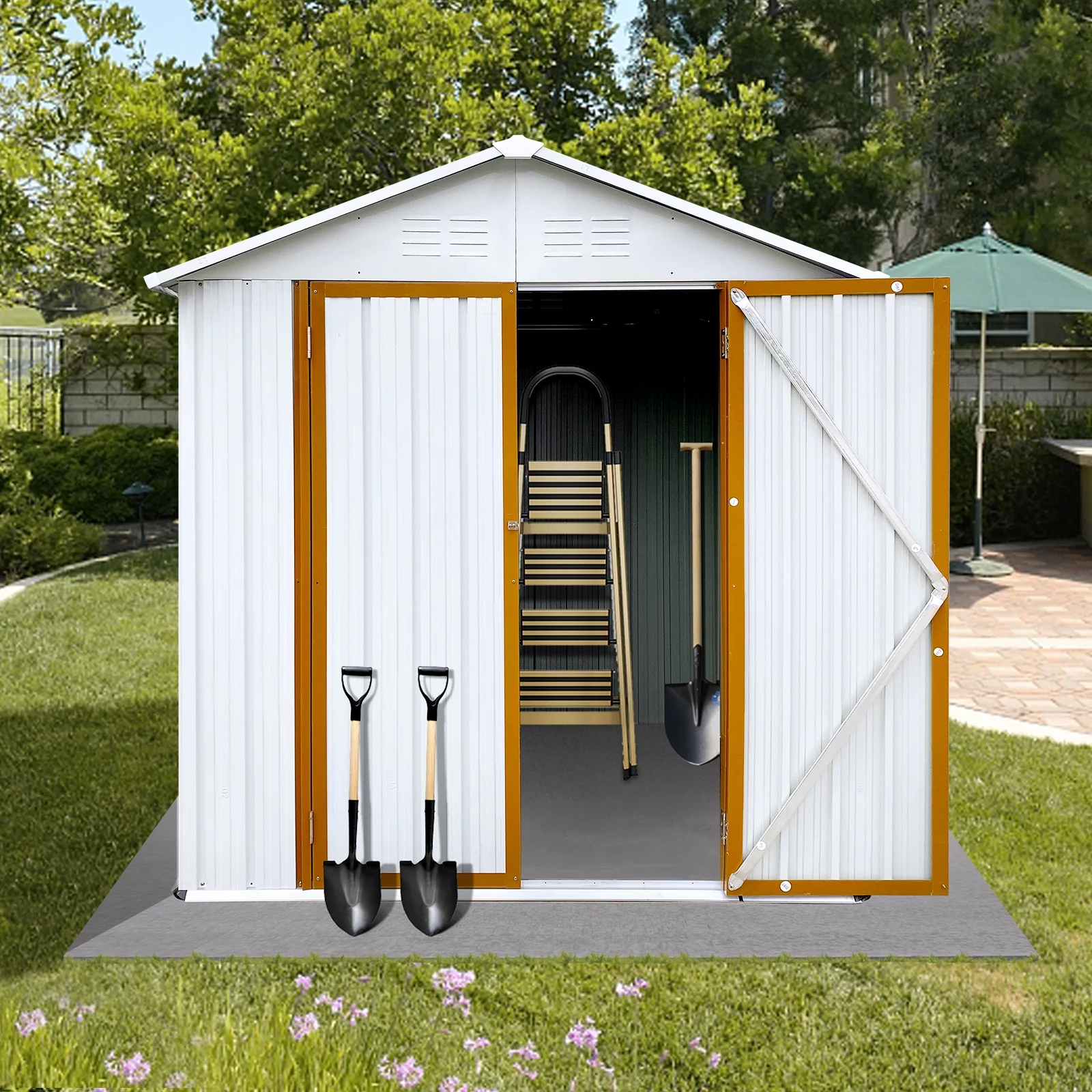 6 x 4 ft Sheds and Outdoor Storage, Metal Storage Shed with Sliding Roof and Lockable Door for Garden Tools, Bike and Garbage Can, Waterproof Outdoor Storage Cabinet, White