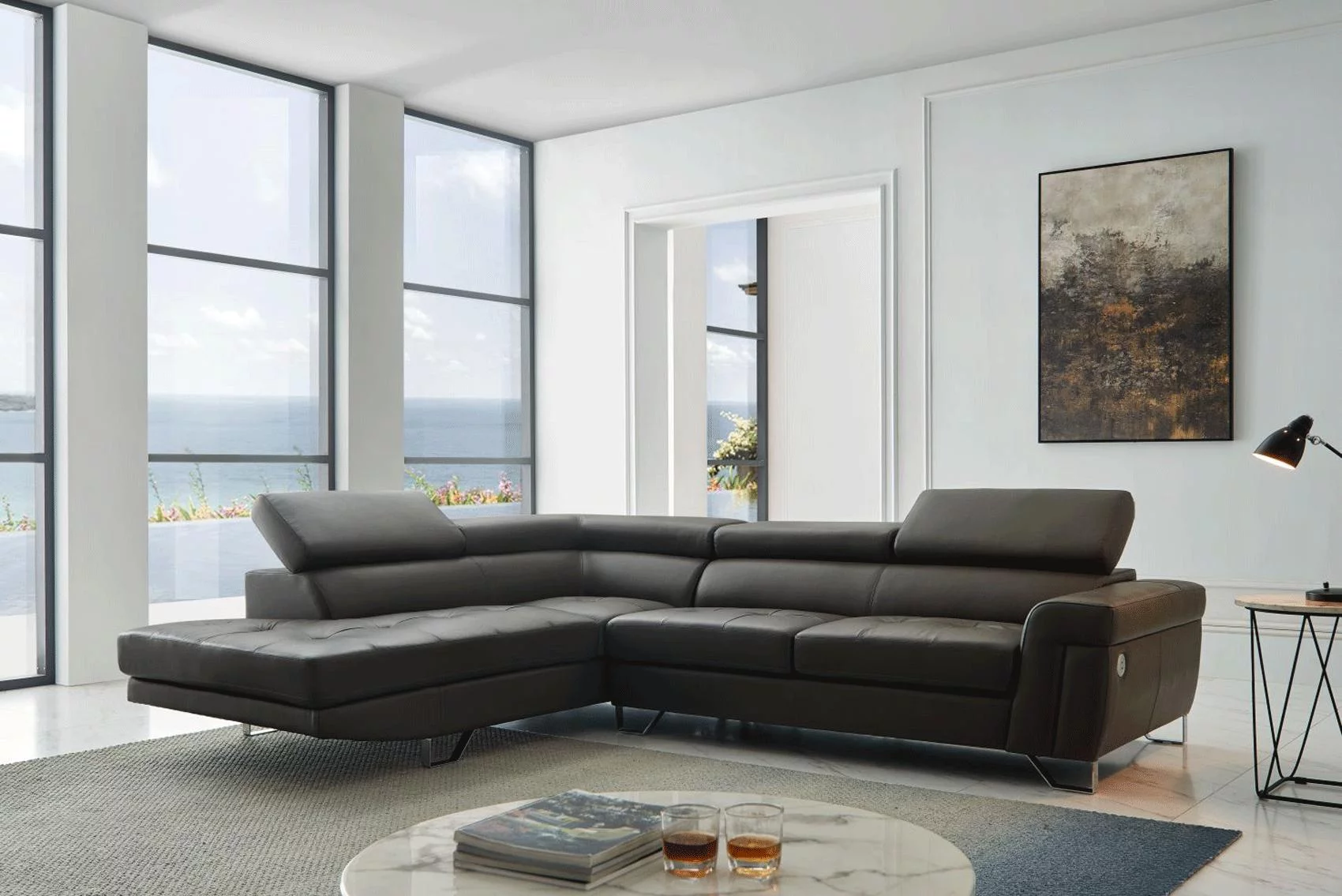 Dark Gray Top-grain Leather Sectional Sofa LEFT 1807 ESF Contemporary Modern