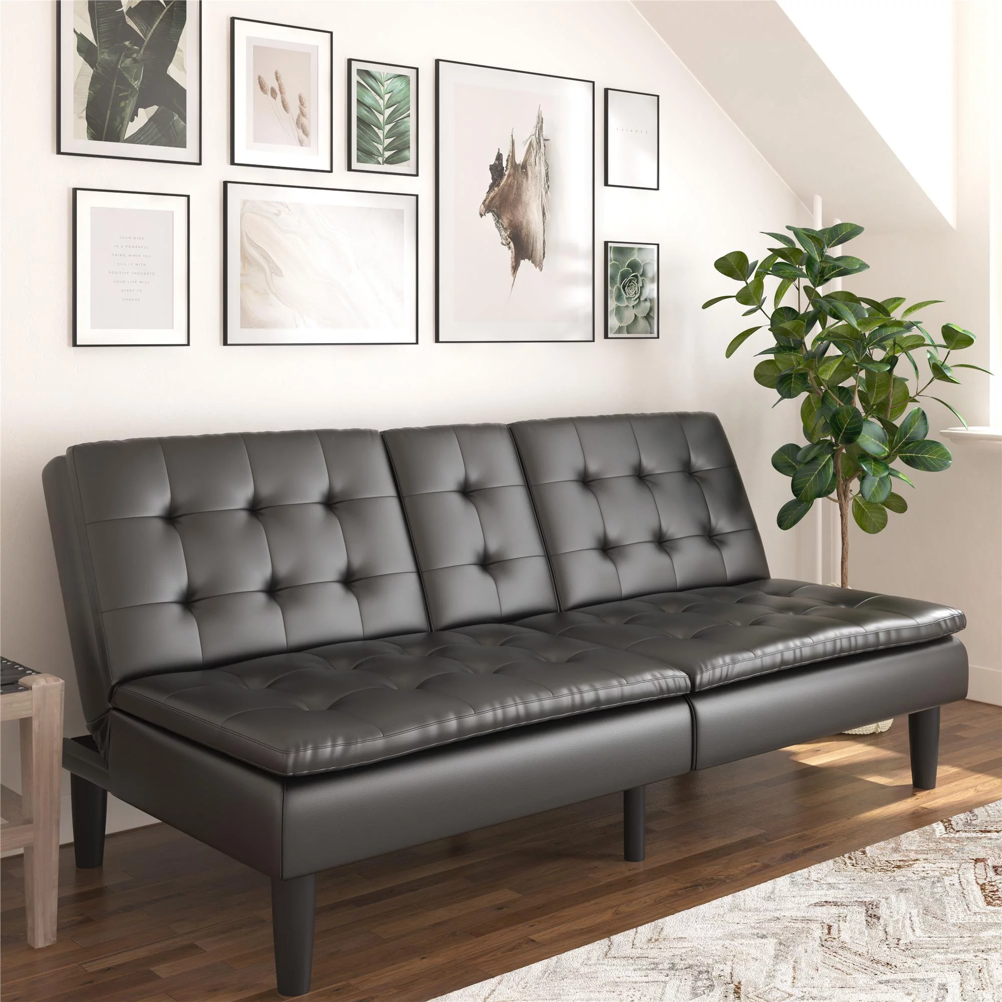 Mainstays Memory Foam Futon with Cupholder and USB, Black Faux Leather