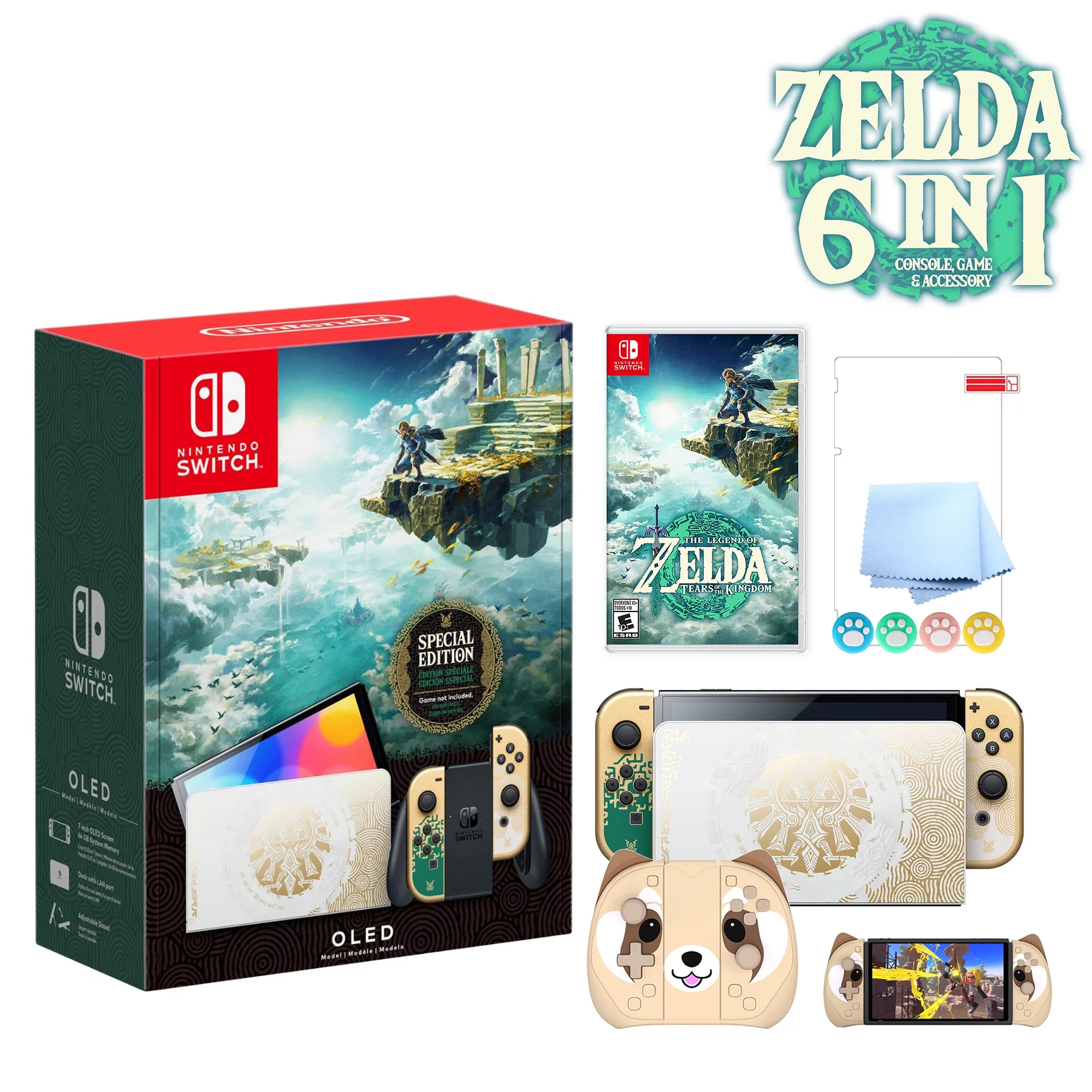 2023 Nintendo Switch OLED Zelda Edition, Green & Gold Joy-Con 64GB Console, Hylian Themed Dock, Zelda: Tears of the Kingdom Game, Mytrix Brownie JoyPad & 3 Accessories: 6 in 1 Bundle - JP Version