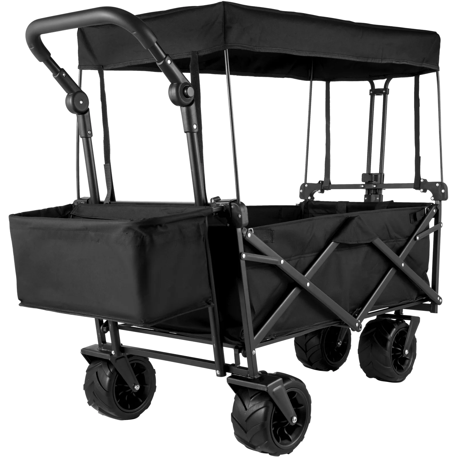 BENTISM Collapsible Wagon Cart, Folding Utility Garden Cart with Removable Canopy 600D Oxford Cloth,Wide Large All Terrain Wheels,Adjustable Handles Beach Cart for Camping