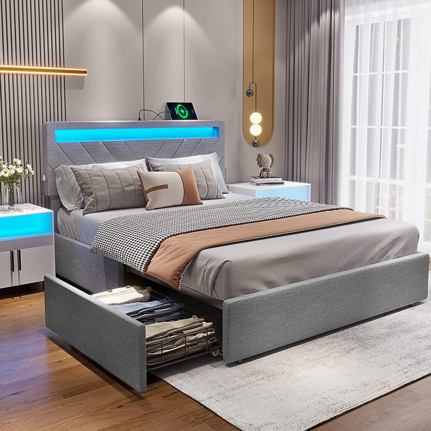 Tiptiper Full Bed Frame with LED Lights Headboard, 2 USB Charging Station and 4 Drawers, Upholstered Platform Bed Frame, Light Grey