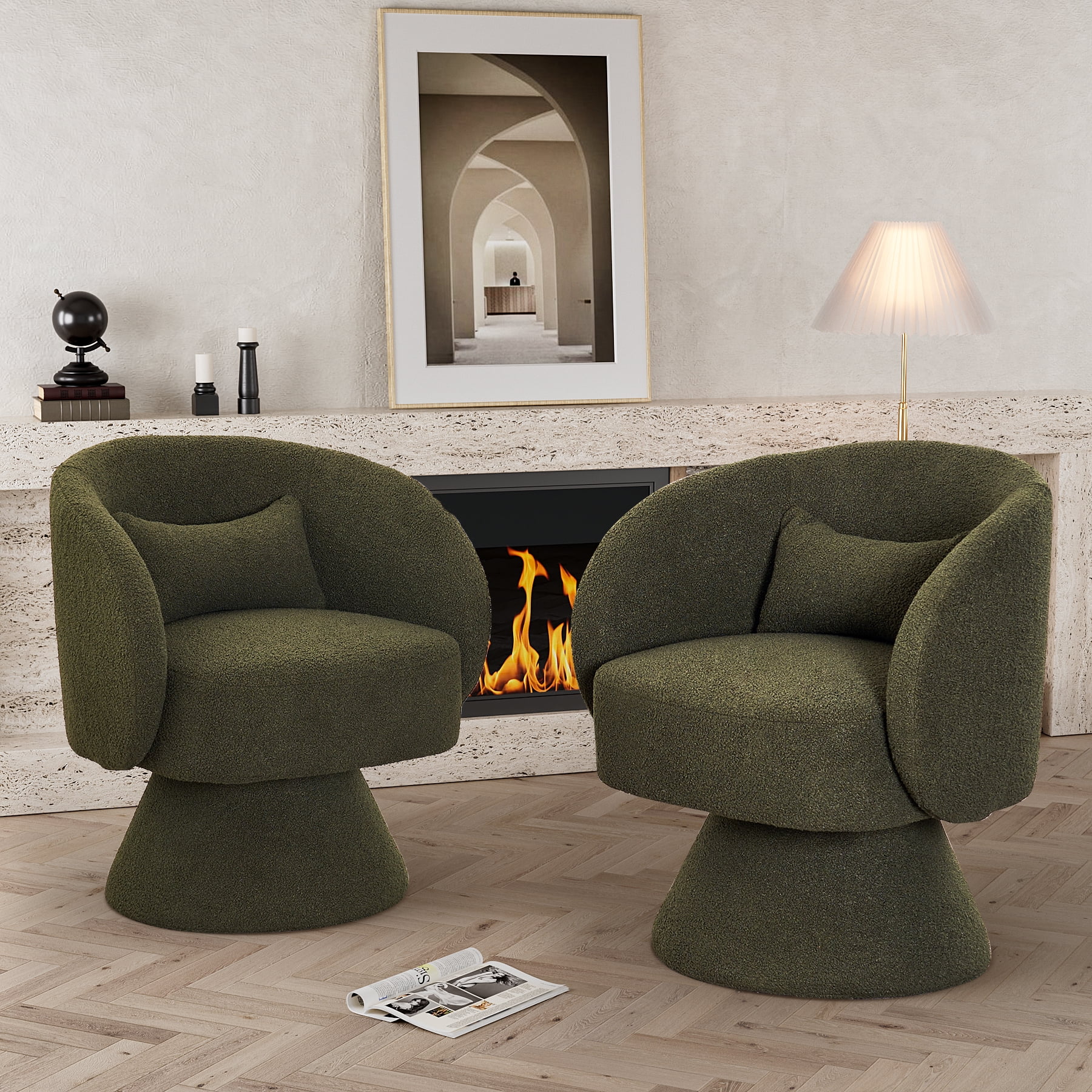Ouyessir Swivel Barrel Chair Set of 2,Teddy Fabric Upholstered Accent Armchairs,Comfy Lounge Sofa Boucle Armchair with Pillow for Reading Living Room Bedroom Nursery