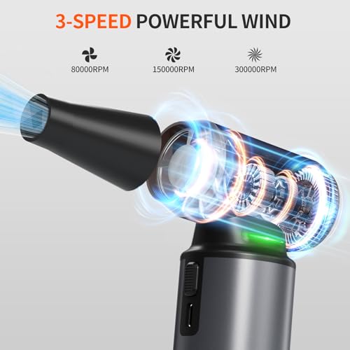 Ultra-Powerful Compressed Air Duster – 300000RPM Electric Air Blower with 8000mAh Battery and 3-Speed Adjustable Wind, Cordless Dust Cleaner for Computer, Laptop, PC, Car, Electronics and Office Use