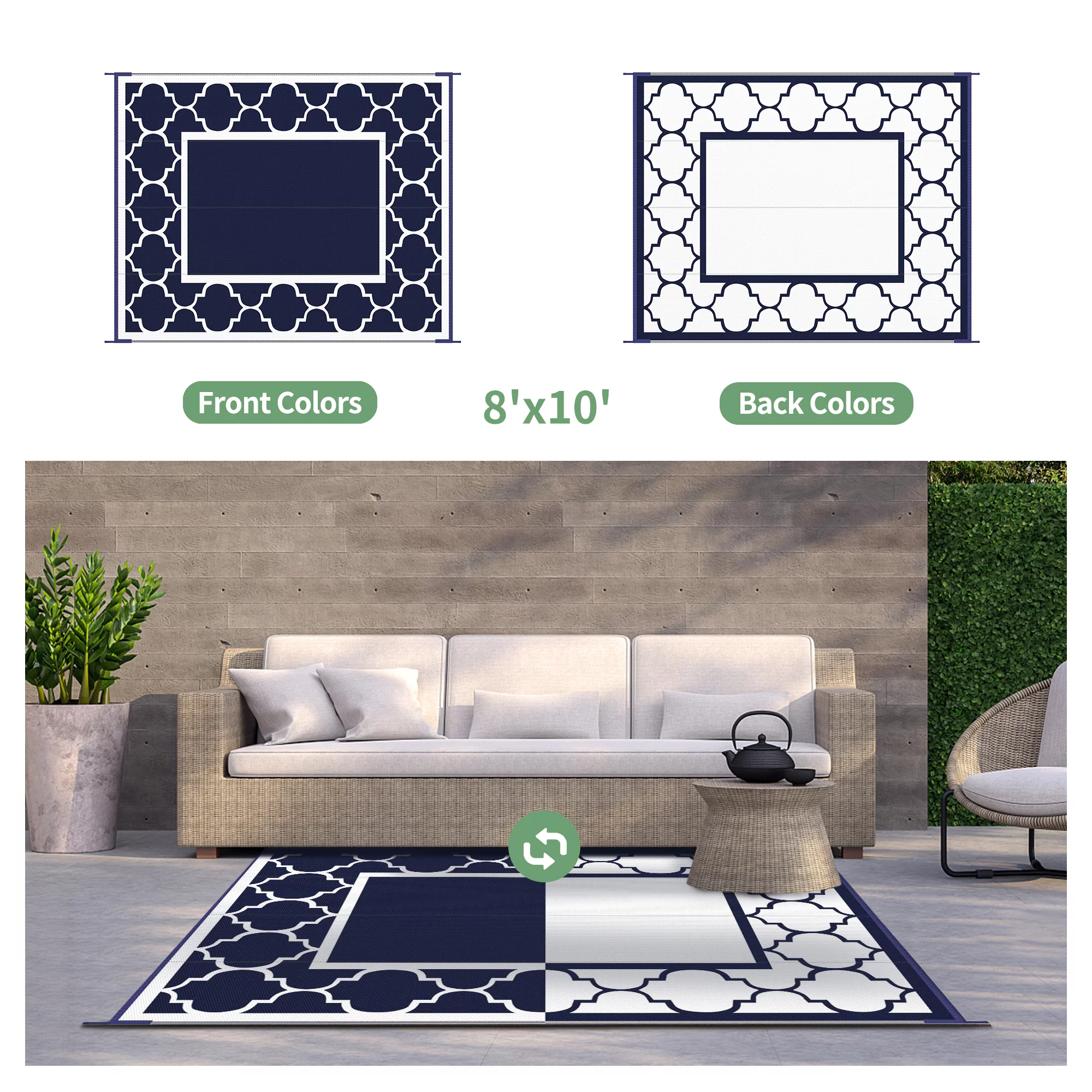 DEORAB 8'x10' Outdoor Rug for Patio Clearance,Reversible Straw Plastic Waterproof Area Rugs,Clearance Mat,Rv,Camping,Blue & White