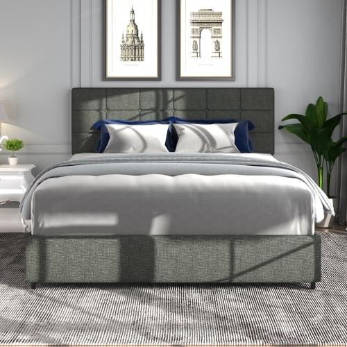 Queen Size Platform Bed Frame with Linen Upholstered Adjustable Headboard and 4 Drawers Storage, Wooden Slat Mattress Support, No Box Spring Required