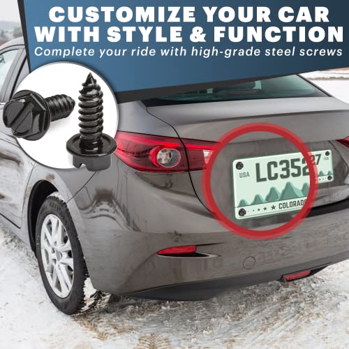 License Plate Screws with Rustproof Finish - License Plate Screw Kit for Front & Rear Plates - License Plate Bolts for Domestic Vehicles - Stainless Steel Screws for License Plates (4-Pack, Black)