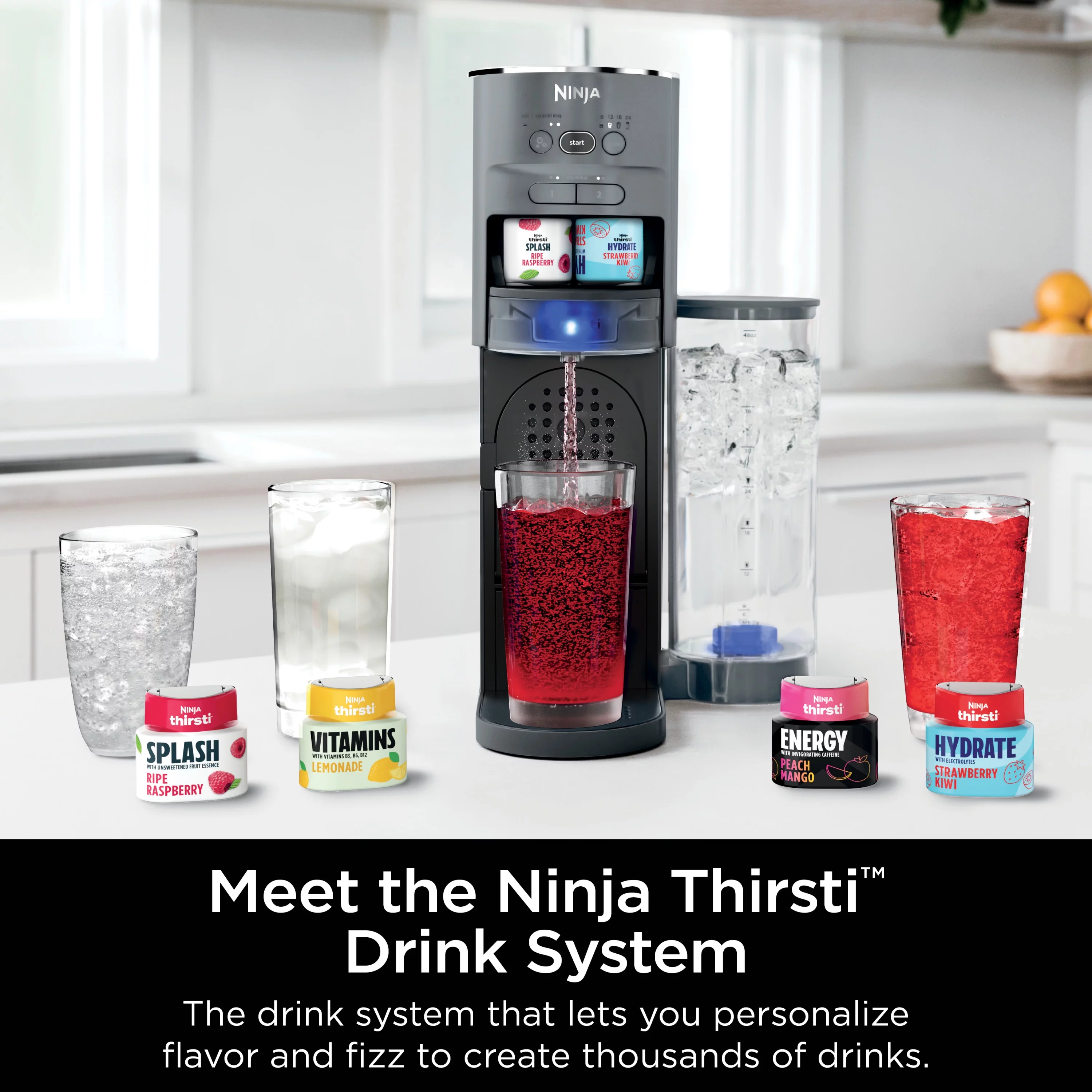 Ninja Thirsti Drink System Complete Still and Sparkling Customization Drink Kit with CO2 Canister, Flavors, and 48oz Reservoir, WC1000, Gray