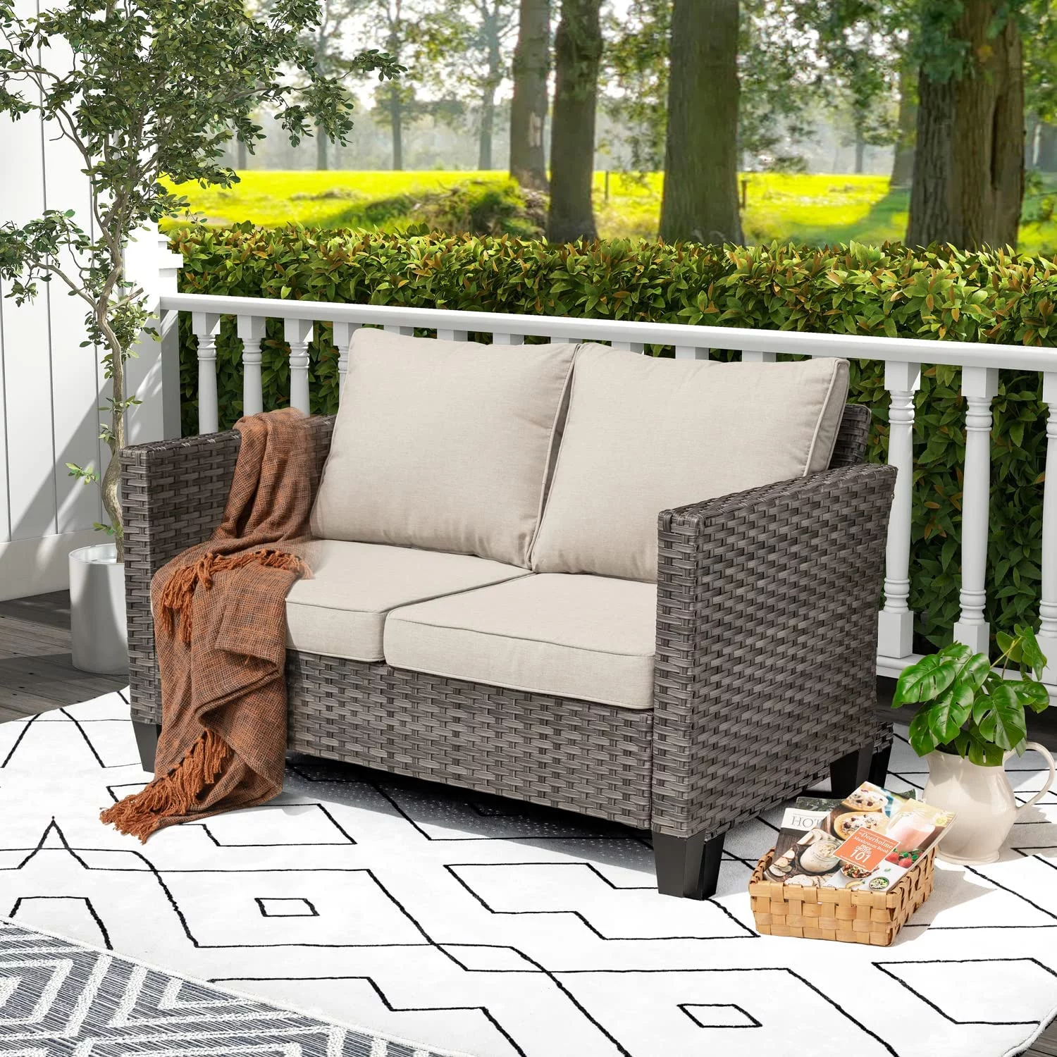 Ovios Outdoor Love Seat All-Weather Wicker Rattan Sofa with Cushions for Gardens & Patios