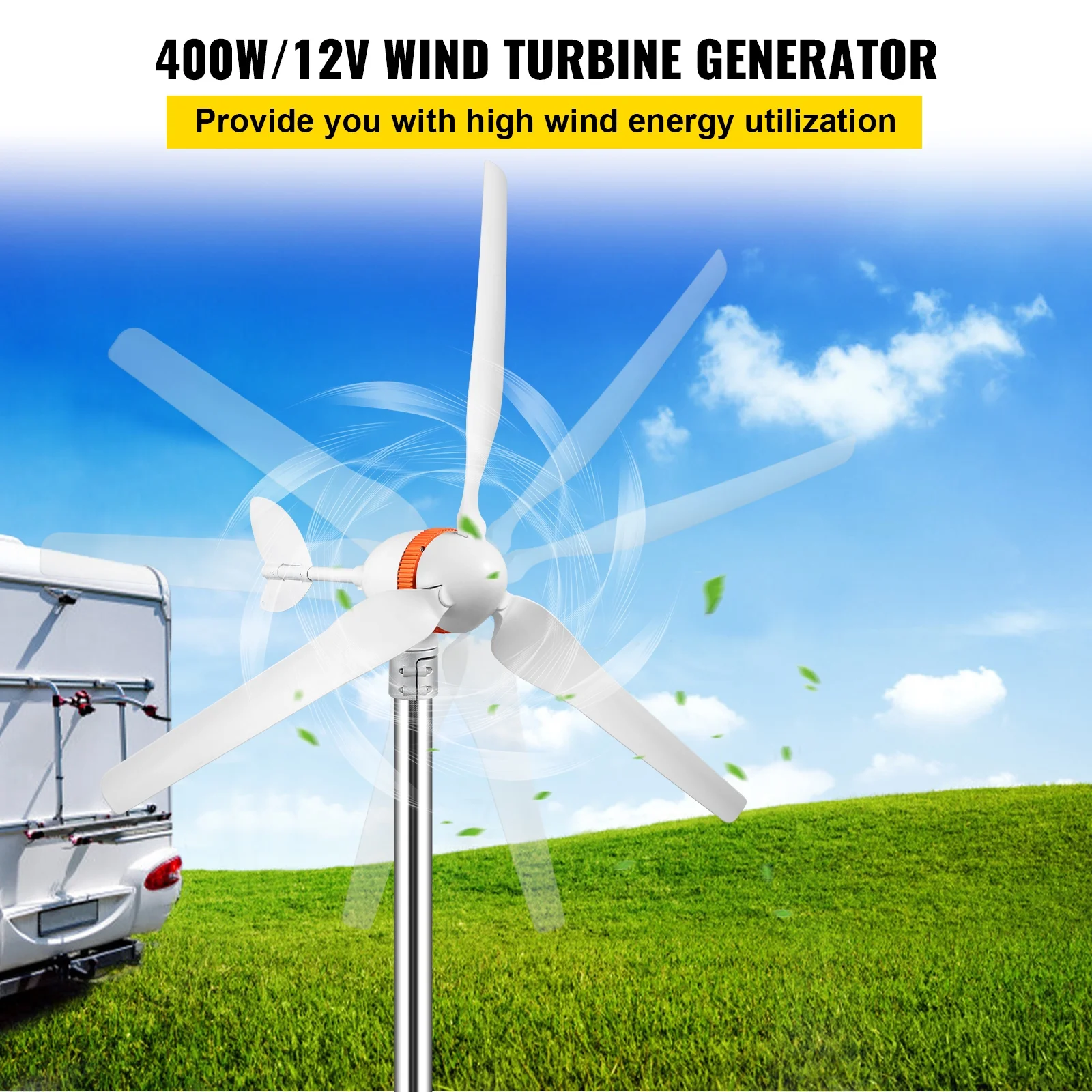VEVOR Wind Turbine Generator, 12V/AC Wind Turbine Kit, 400W Wind Power Generator with MPPT Controller 3 Blades Auto Adjust Windward Direction Suitable for Terrace, Marine, Motor Home, Chalet, Boat