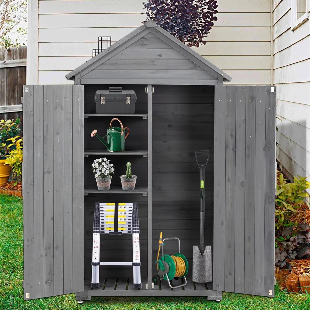 Outdoor Storage Cabinet Garden Wood Tool Shed Outside Wooden Closet with Shelves and Latch