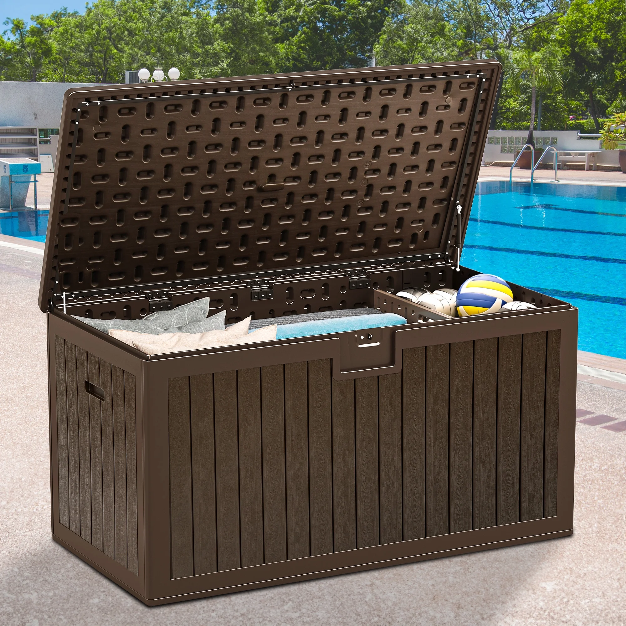 Dextrus XL 150 Gallon Large Deck Box, Outdoor Storage for Patio Furniture Cushions, Garden Tools and Pool Toys with Flexible Divider, Waterproof, Lockable (Brown)
