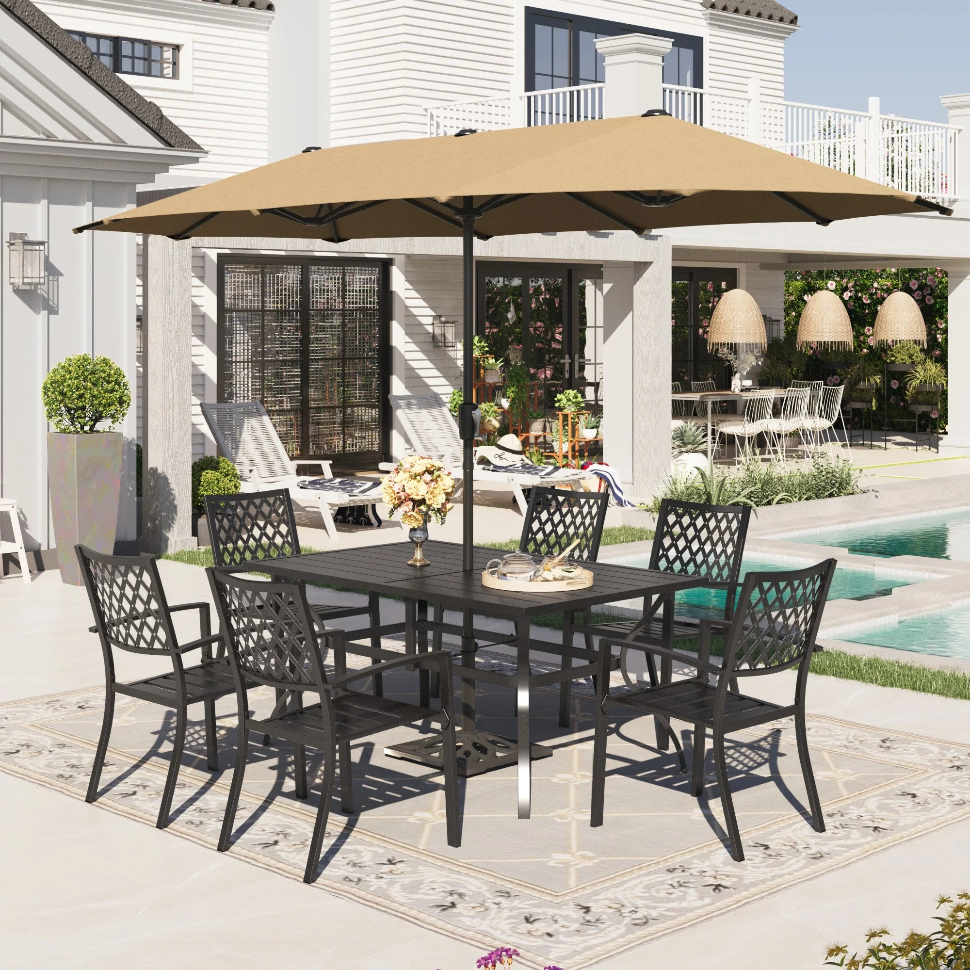 Sophia & William 8-Piece Outdoor Dining Set with 13 ft Double Sided Beige Umbrella, Patio Table & Metal Chairs for 6