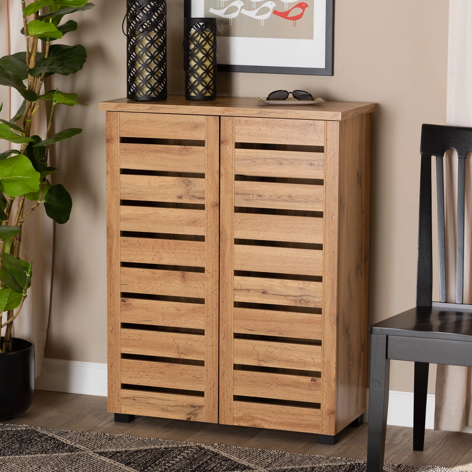 Baxton Studio Adalwin Modern and Contemporary Oak Brown Finished Wood 2-Door Shoe Storage Cabinet