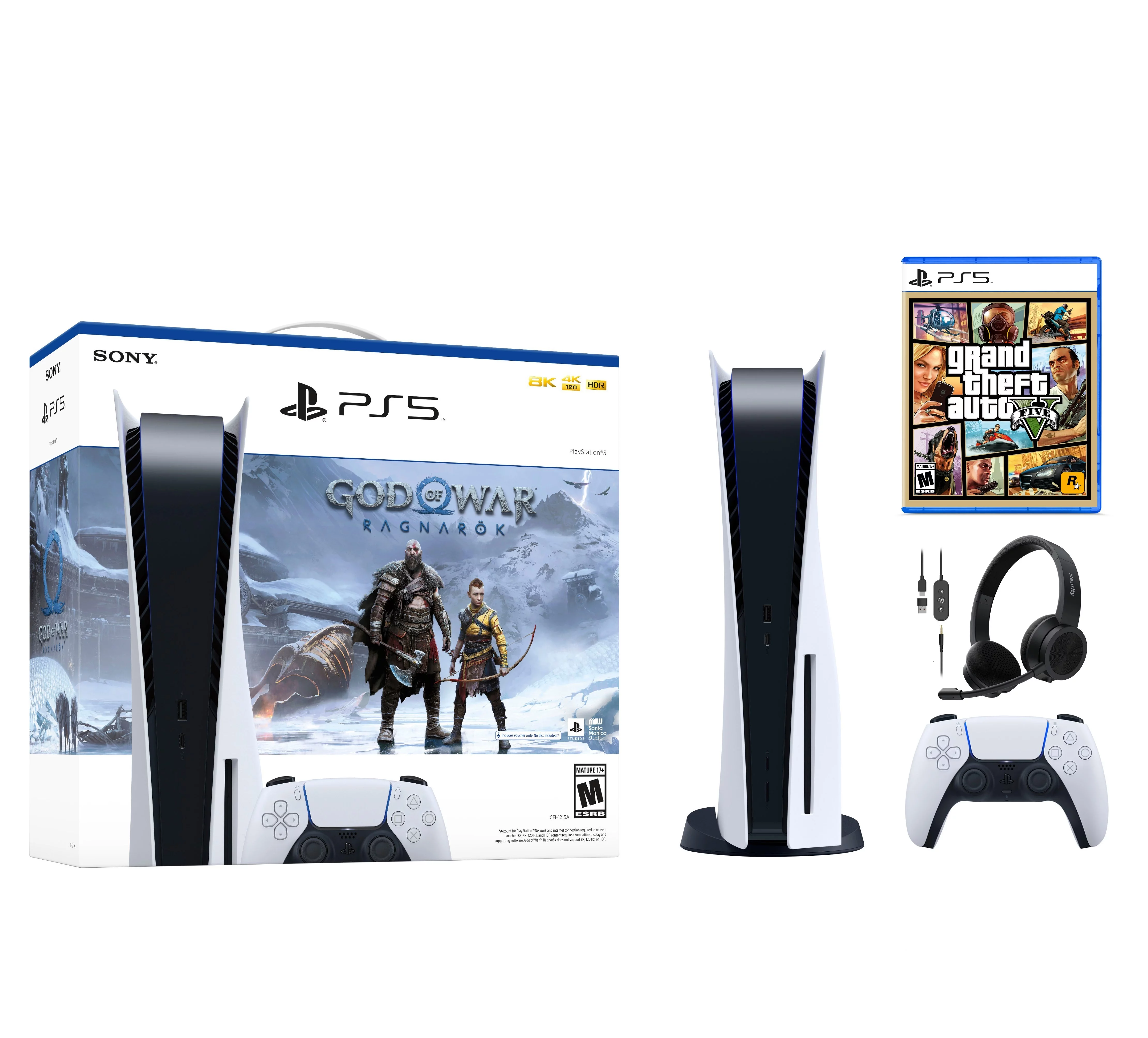 Sony Play Station 5 PS5 Disk Console Bundle God of War Ragnarök, Grand Theft Auto V, Nearity HP10 Headset with Microphone