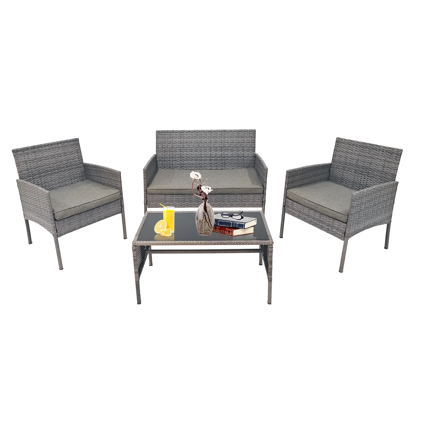 Tappio 4 Piece Patio Conversation Wicker Furniture Set, Outdoor Patio Sectional Furniture Set w/Glass-Top Coffee Table & Gray Cushions, Cushioned Sofa Table for Patio, Gray/Dark Gray