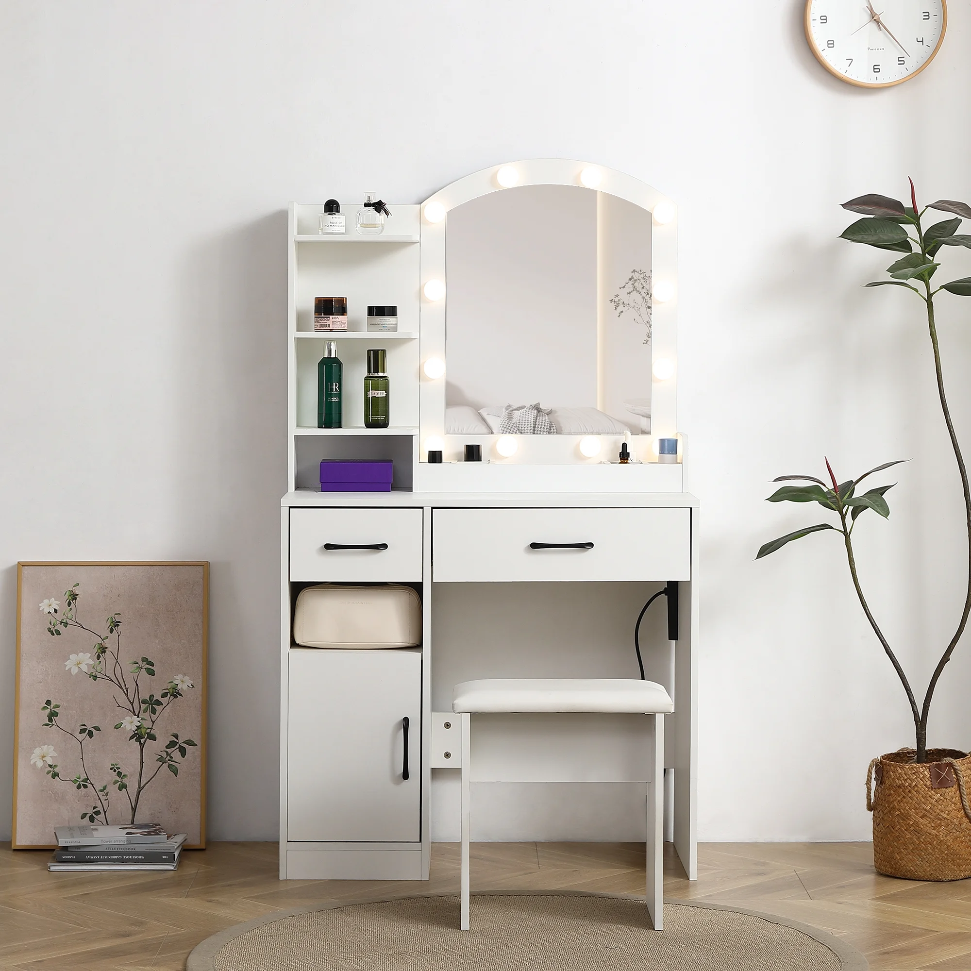 Sesslife Vanity Set with Lighted Mirror, Makeup Vanity Dressing Table with LED Light, Drawers,and Cushioned Stool, Small Vanity Desk for Bedroom, Black