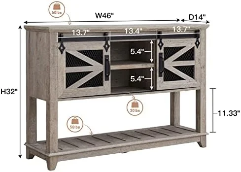 KHBIULIFE Entryway Table w/Sliding Barn Doors  46'' Farmhouse & Industrial Console Table with   Rustic Sofa Table w/Adjustable  & Open  for Entry Way  Hallway  Living Room