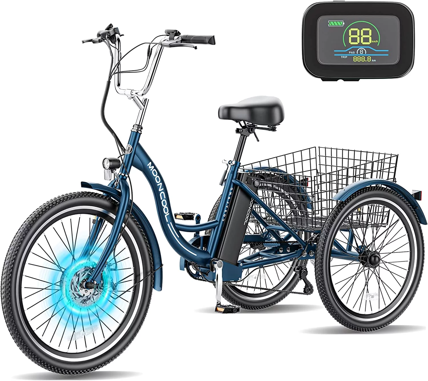 MOONCOOL Electric Tricycle, 350W 36V 24 Inches 7 Speeds 3 Wheels Electric Bikes for Adults, Motorized Electric Trike Three Wheel Electric Bicycle
