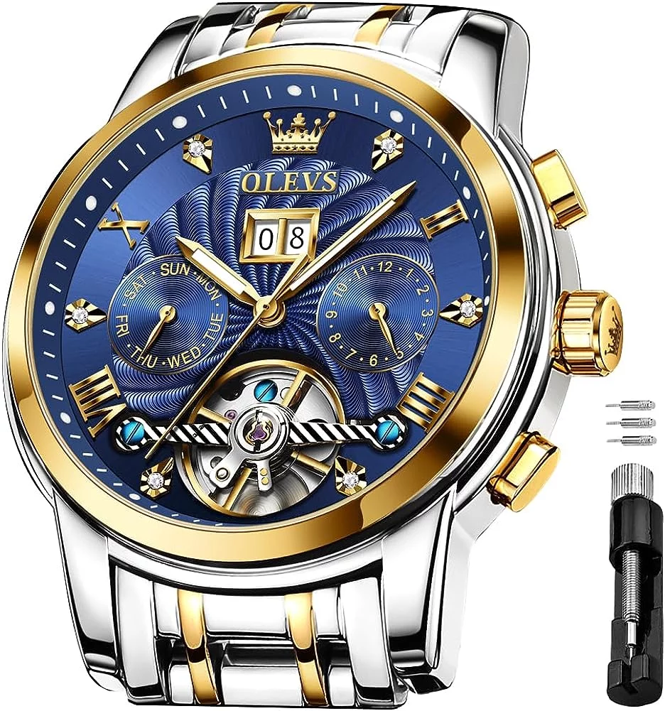 OLEVS Watch for Men Automatic Skeleton Tourbillon Mechanical Self Winding Business Luxury Dual Calendar Stainless Steel Luminous Waterproof Man Wrist Watches Blue Dial
