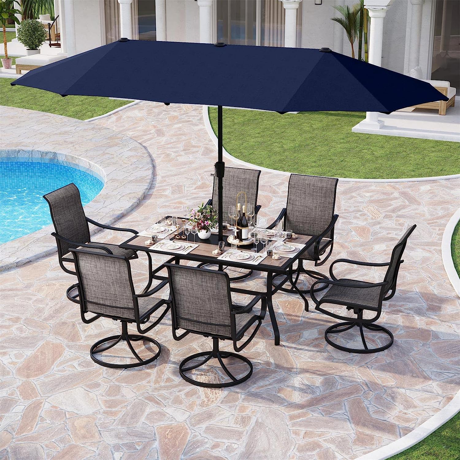 Perfect VILLA Patio Dining Set with Umbrella for 6 Person  1 Large Rectangular Woode-Like Top Table & 6 Swivel Patio Dining Chairs Set with 13ft Outdoor Market Umbrella(No Base)  Beig