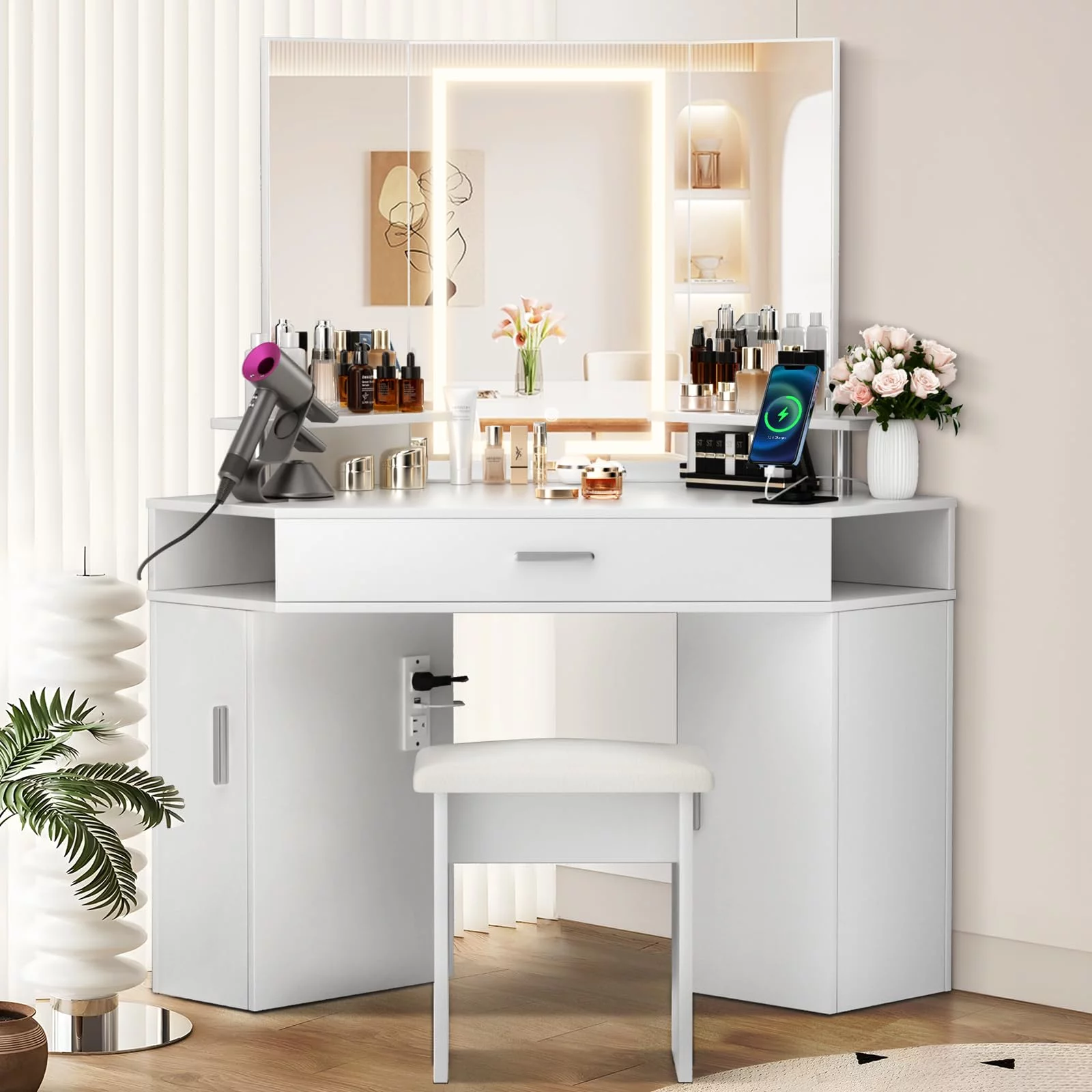 RichYa Corner Makeup Vanity Desk with Lighted Mirror Power Outlet 3 Color Lighting Options 6 Drawers and Cabinet