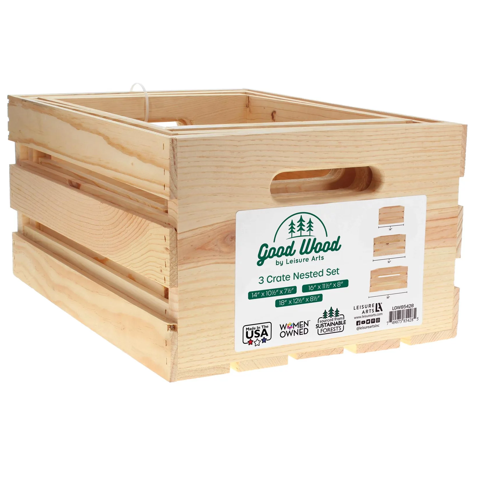 Good Wood by Leisure Arts Wooden Crate, wood crate unfinished,  wood crates for display, wood crates for storage, wooden crates unfinished, Nested, 3 piece, 14