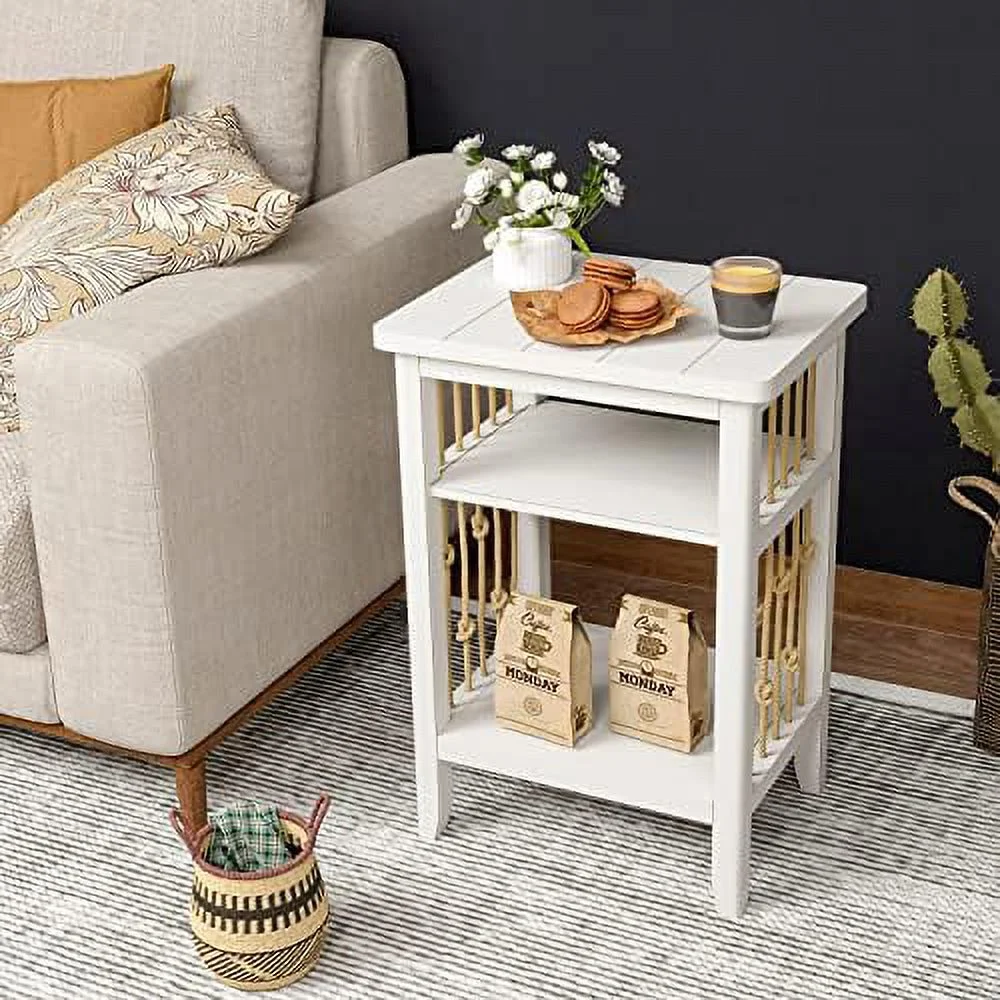 End Table with Draw & Shelf Sets of 2  2 Pieces Bedside Table Sets  2 Tier Wooden Small Side Table with Drawer  Accent Table Nightstand with Real Hemp Rope for Living Room  Bedroom