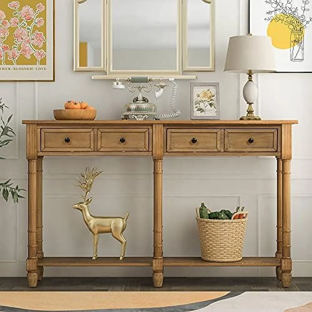 TJUNBOLIFE Retro Console Table  Solid Wood Sofa Table with 2  Drawers and Bottom   Wall  for Living Room  Bedroom  Entryway  Antique Navy