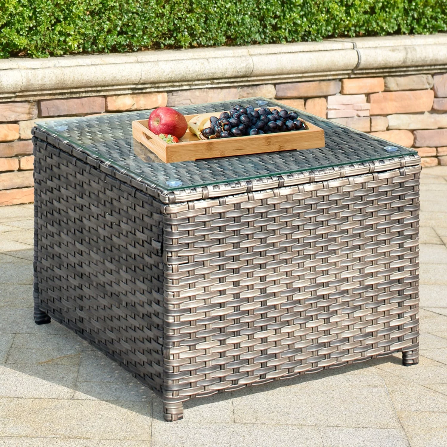 OVIOS  Patio Outdoor Wicker Coffee Table with Glass Top