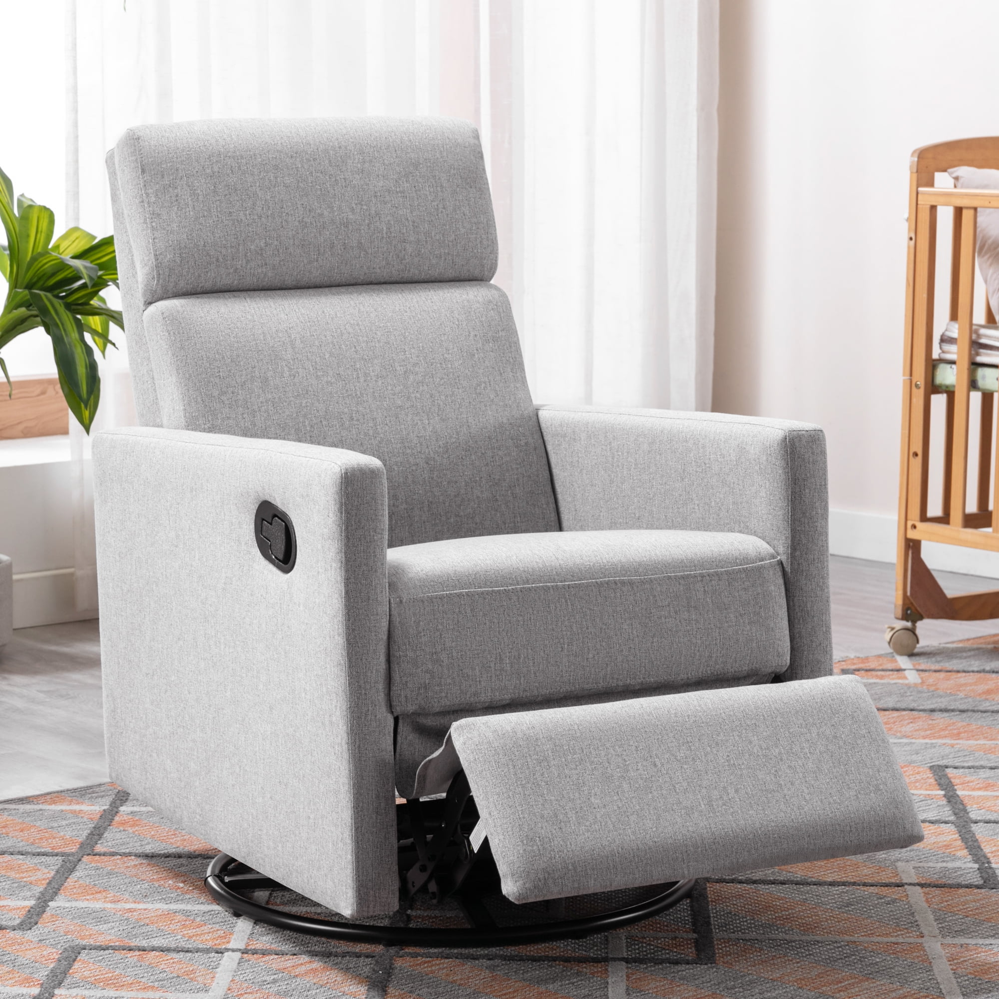 Rocking Swivel, Glider Rocker Recliner, Nursery Chair with Extra Large Footrest for Living Room, High Back, Upholstered Deep Seat (Gray)