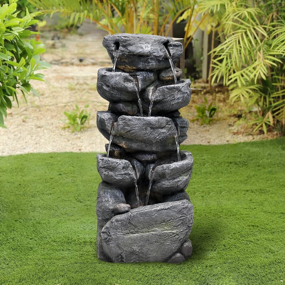 Stacked Rock Fountain with LED Lights - Outdoor Water Fountains Cascading Floor Water Feature Art Decor for Garden,Pation, Deck, Porch