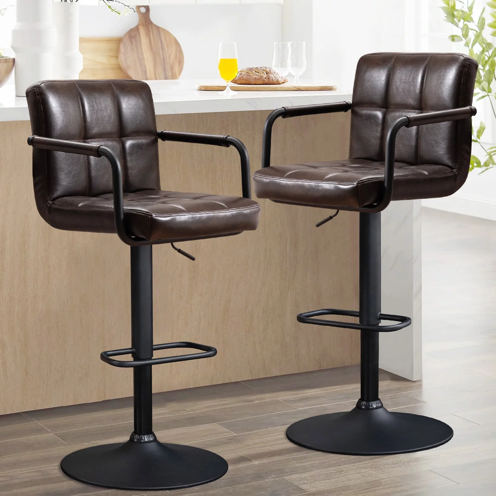 Faux Leather Bar Stools Set of 2 Swivel Bar Chairs Adjustable Height for Kitchen Counter Bar Café,Black Brown