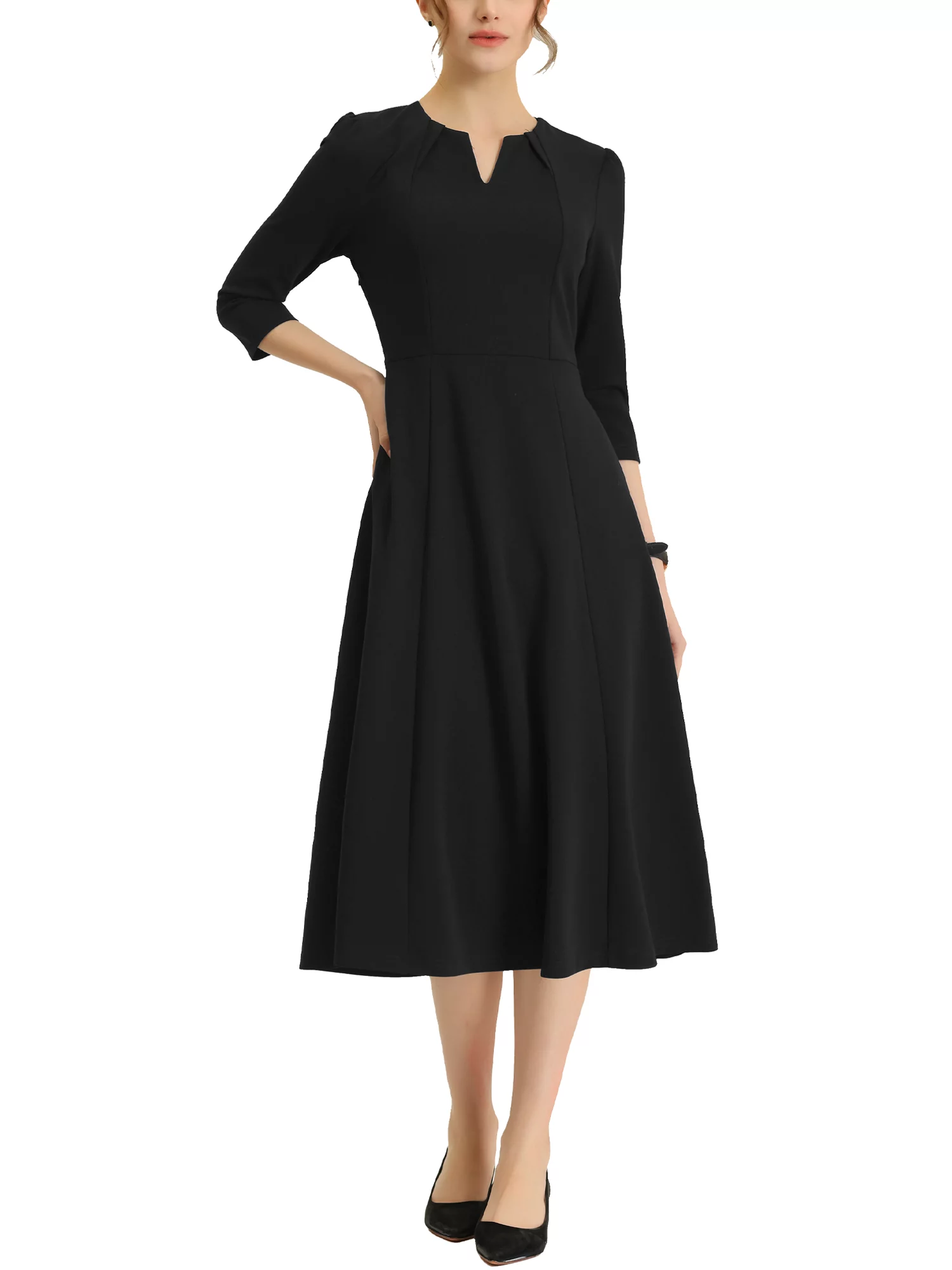 Allegra K Women's Work Office A-Line Dress Elegant 3/4 Sleeve Notched V Neck Dresses