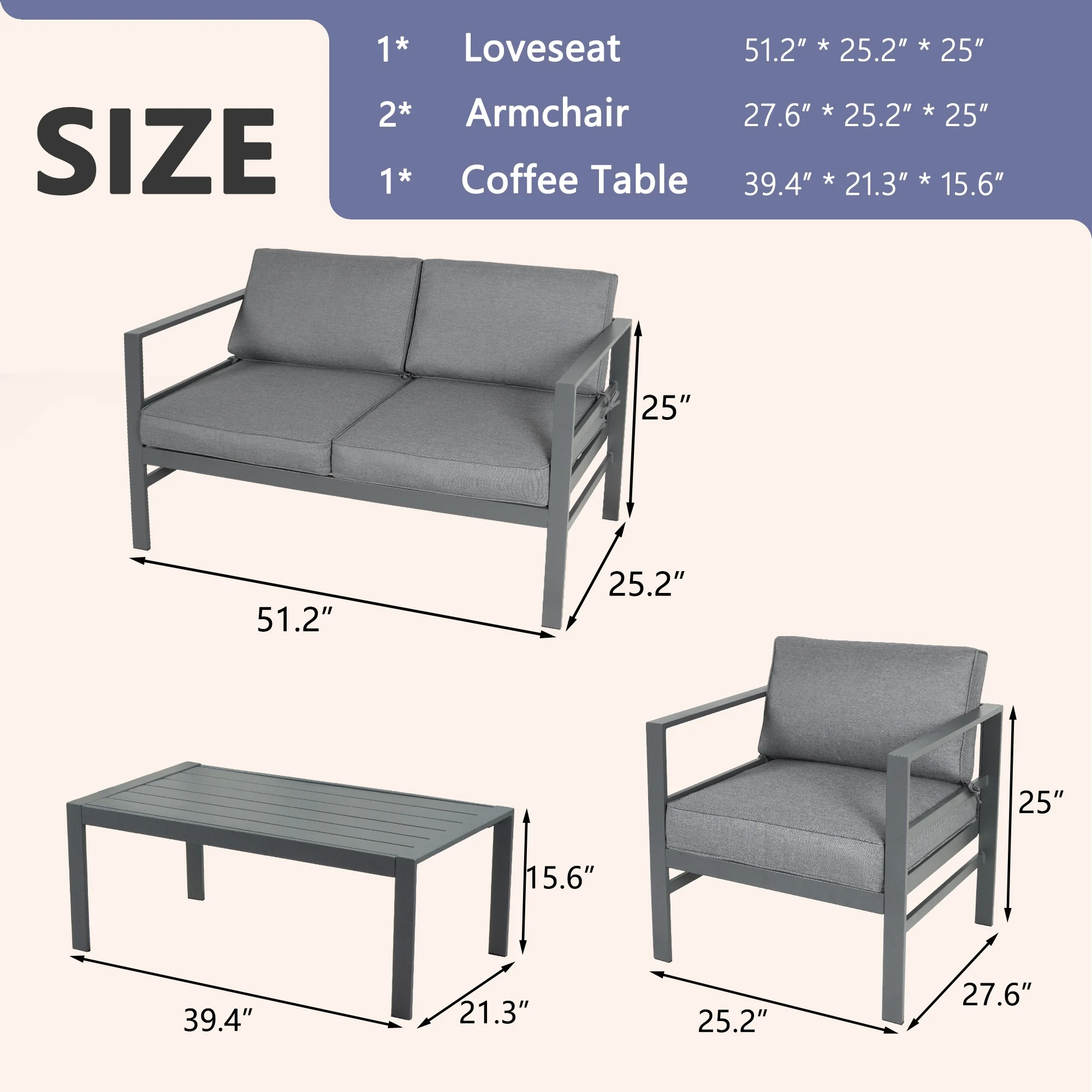 4 Pieces Cast Aluminum Outdoor Patio Furniture Set, Gray Modern Patio Conversation Sofa Set, Gray