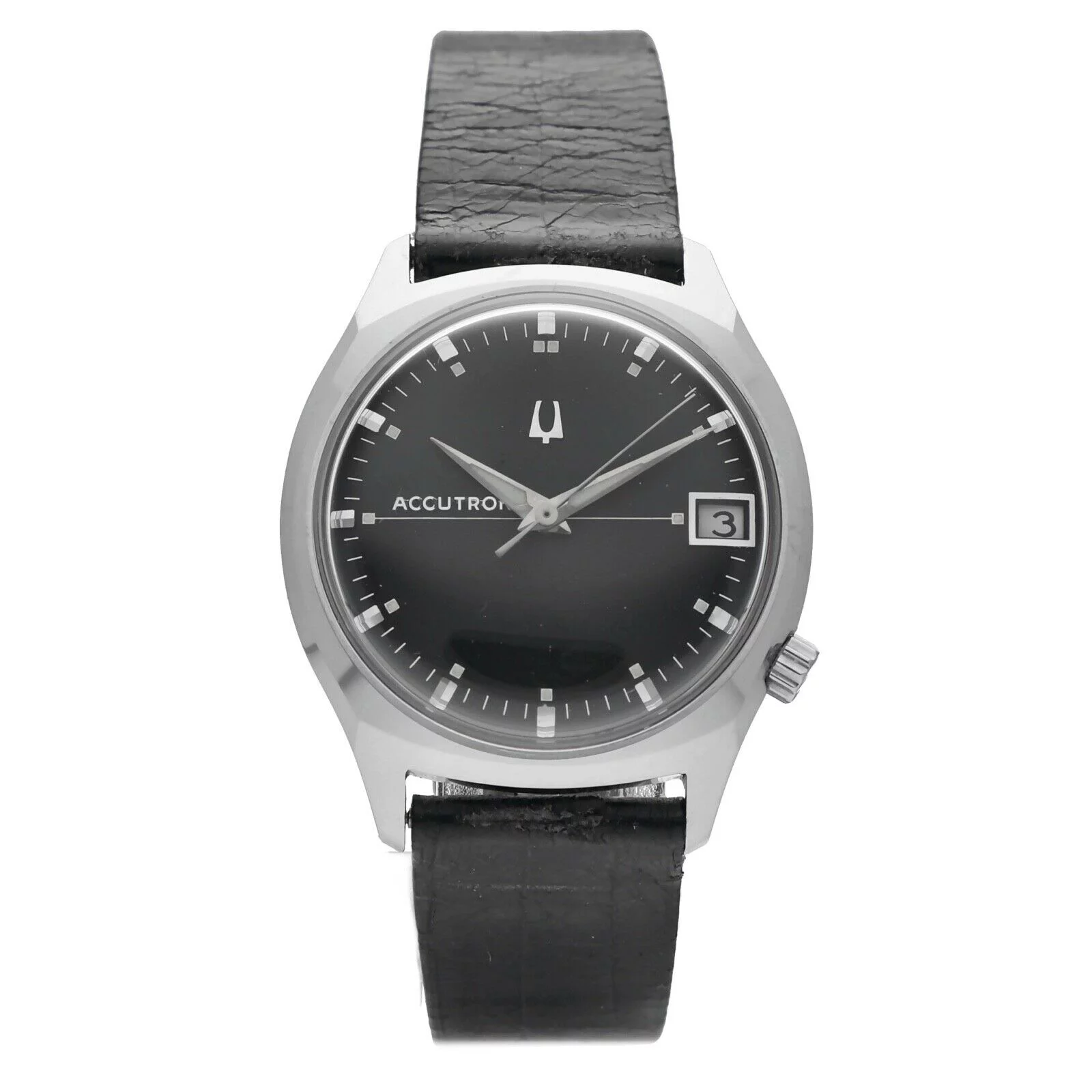 Vintage Bulova Accutron Date Stainless Steel Black Dial Tuning Fork Men's Watch