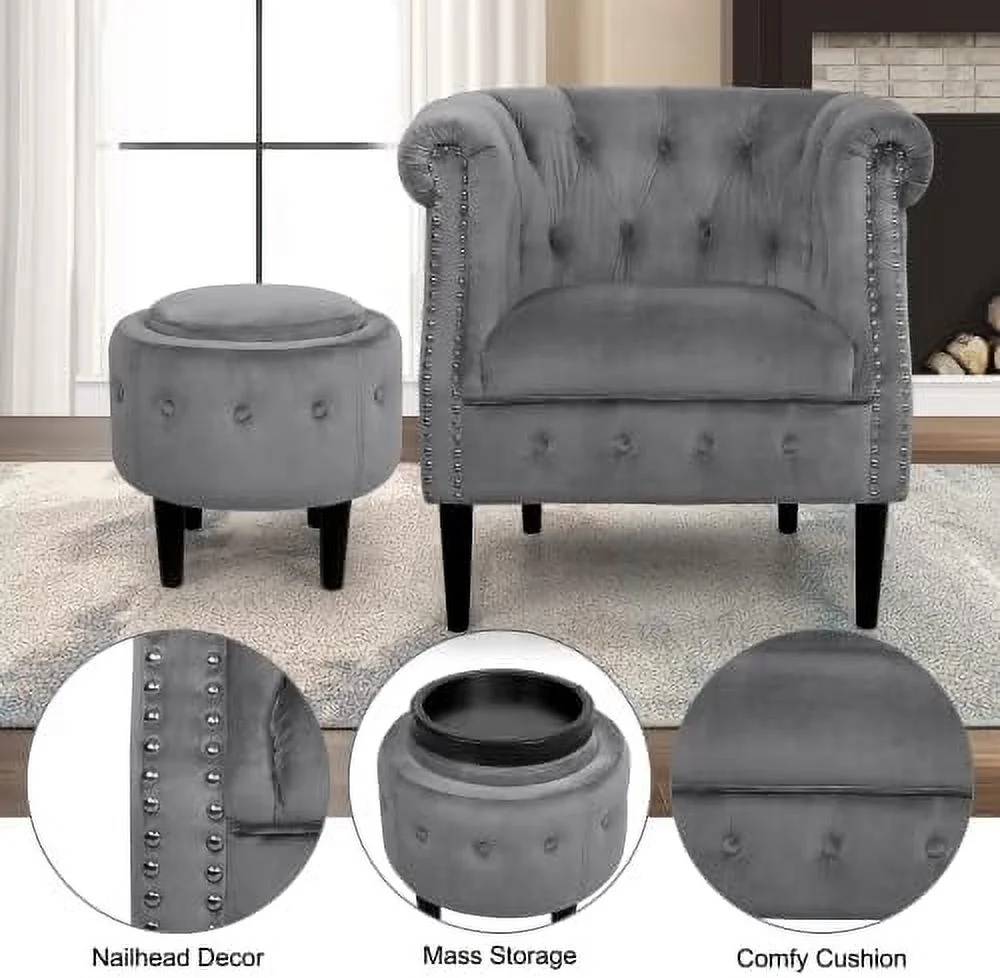 HOOMHIBIU Mid-Century Accent Chair with  Ottoman  Modern Velvet Armchair Button Tufted  Barrel Chair  Comfy Single Sofa Chair Ottoman Set for Living Room Bedroom Reading Room (Gray)