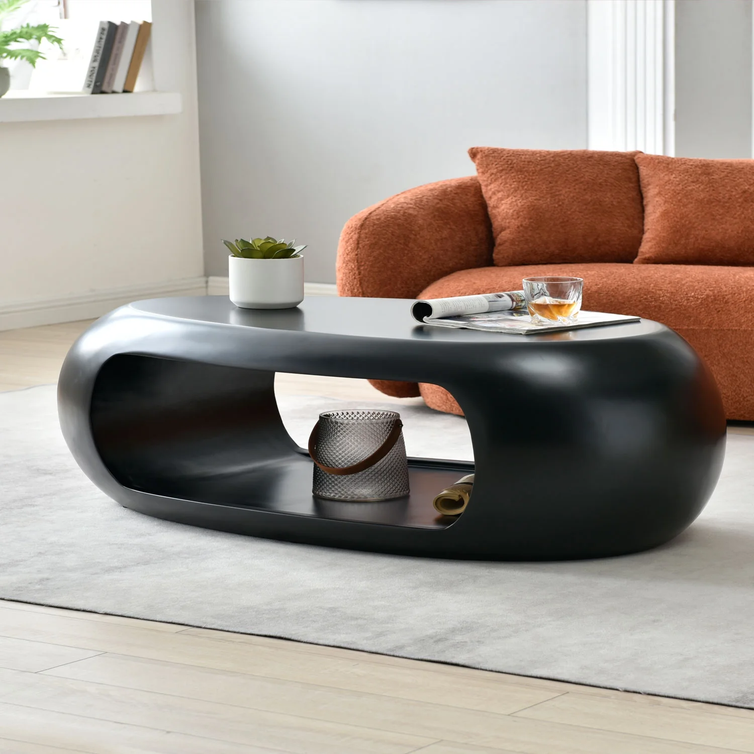 53.15'' Modern Oval Coffee Table, Sturdy Fiberglass Center Cocktail Table Tea Table for Living Room, BLACK, No Need Assembly