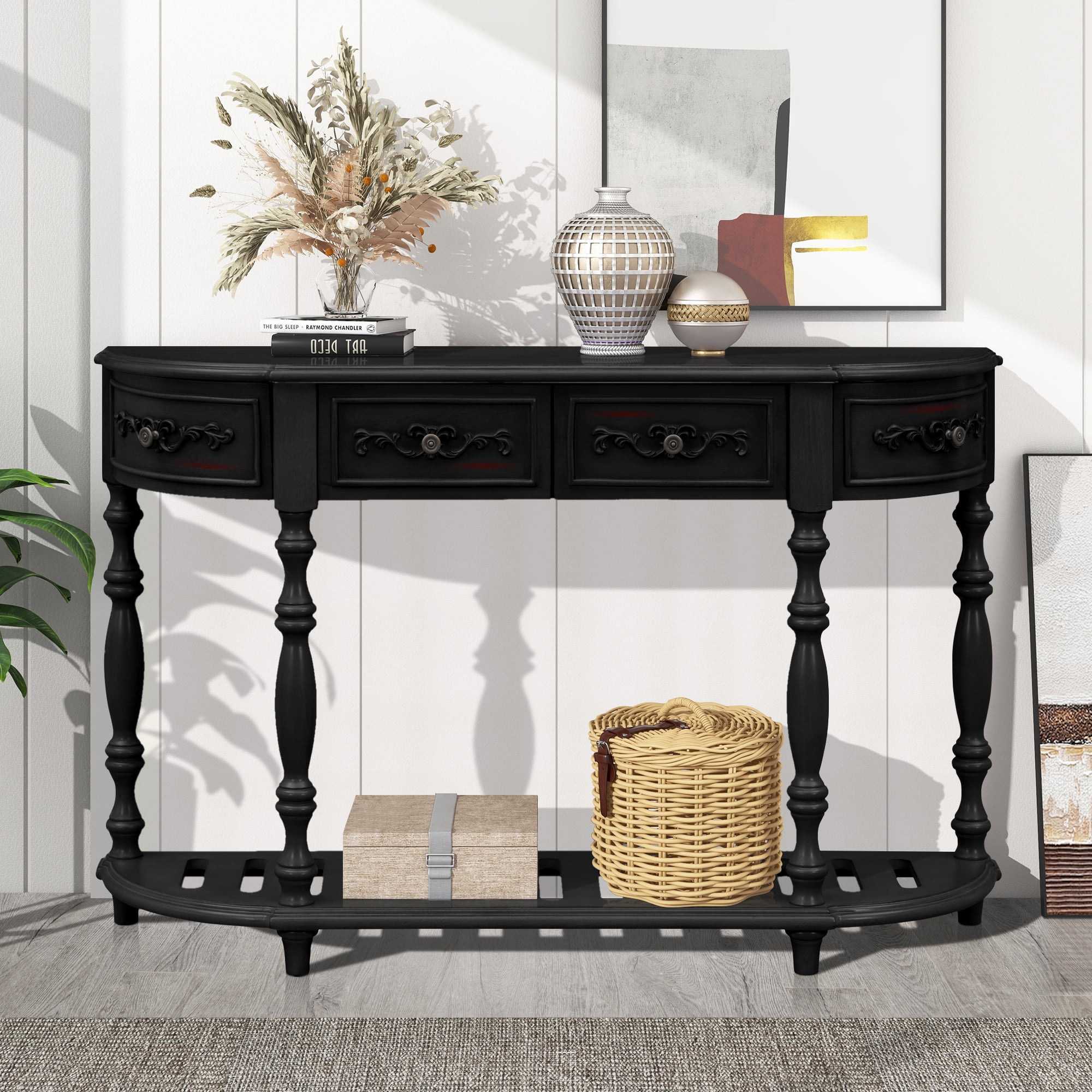 Black Console Table with 4 Drawers, Atumon Sofa Side Table, Vintage Curved Entryway Table, Wood Console Table Furniture, Sideboard Buffet, Modern Console Table for Living Room Entryway Hallway